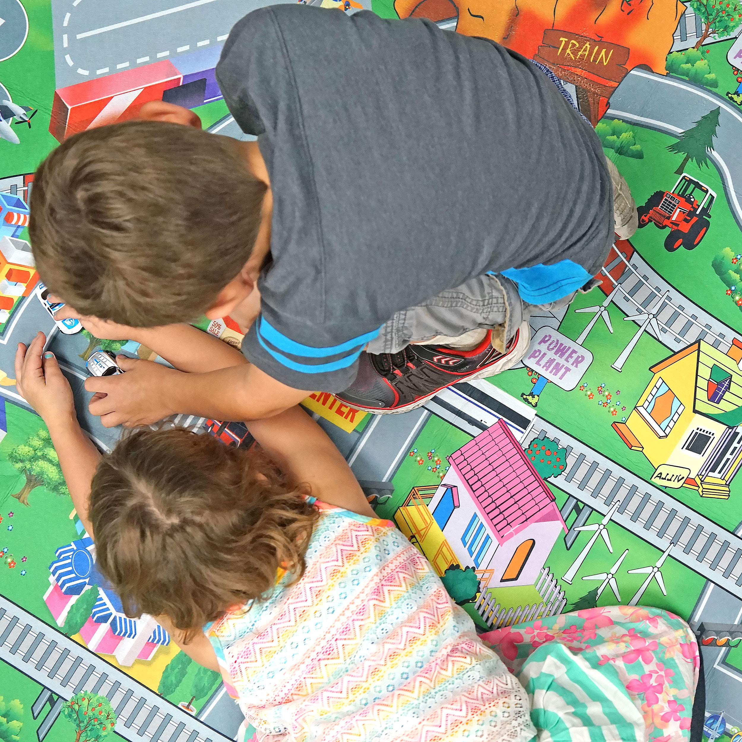 Double Sided Kids Play Mat with Trains, Cars & Roads - Reversible Children's Activity Rug for Indoor Playroom & Nursery - Perfect for City Themed Pretend Play and Learning Activities