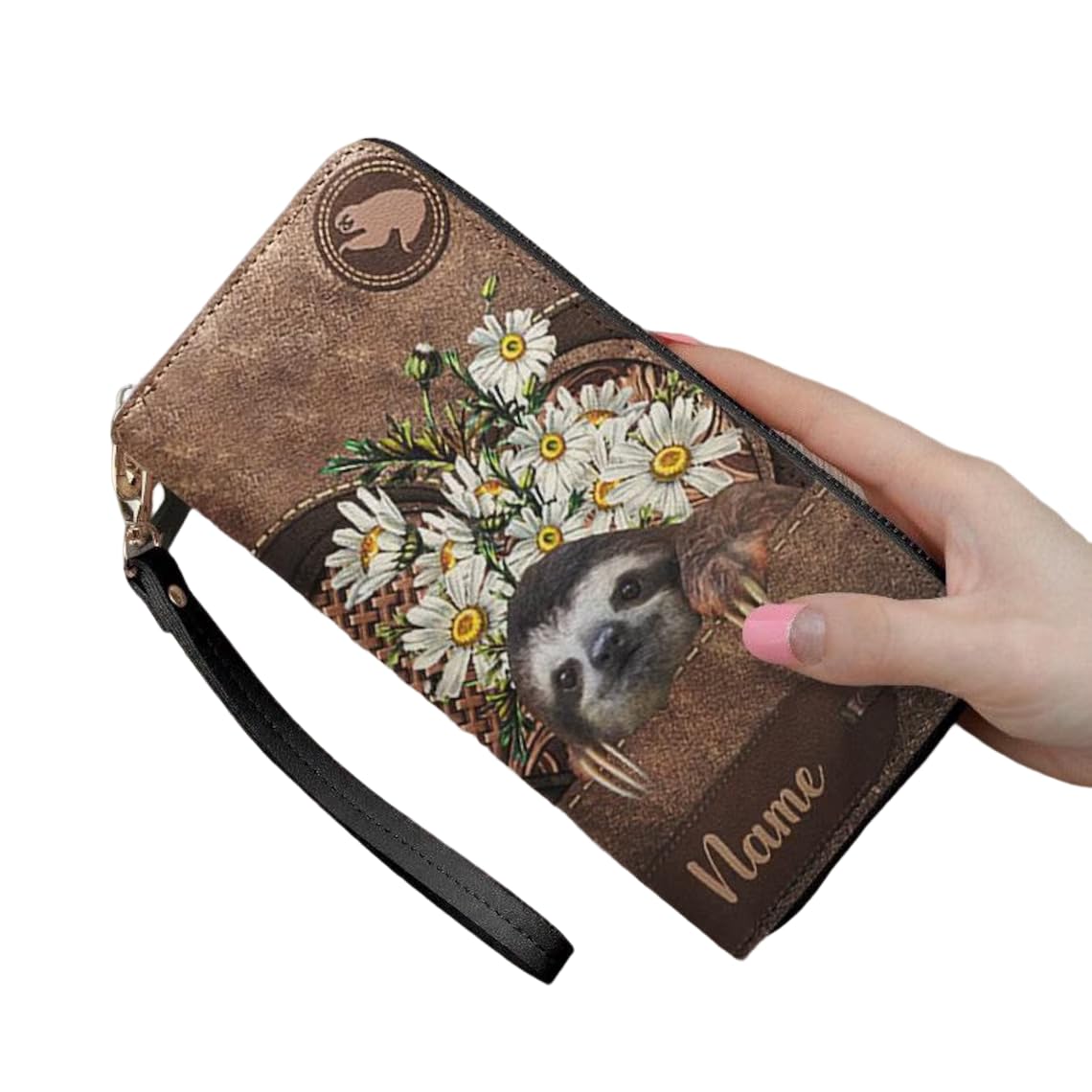 Personalized Sloth Women's Leather Wallet - Vintage Floral RFID Blocking Zip Purse with Strap, Boho Long Clutch Wristlet for Ladies - Custom Name Sloth Lover Gift for Women & Girls | Perfect for Everyday Use, Travel, and Special Occasions