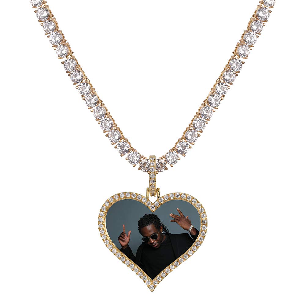Personalized Custom Photo Pendant Necklace for Women & Men - Iced Out Round Wings Heart Pendant with Tennis Chain - Perfect for Anniversaries, Birthdays & Romantic Gifts