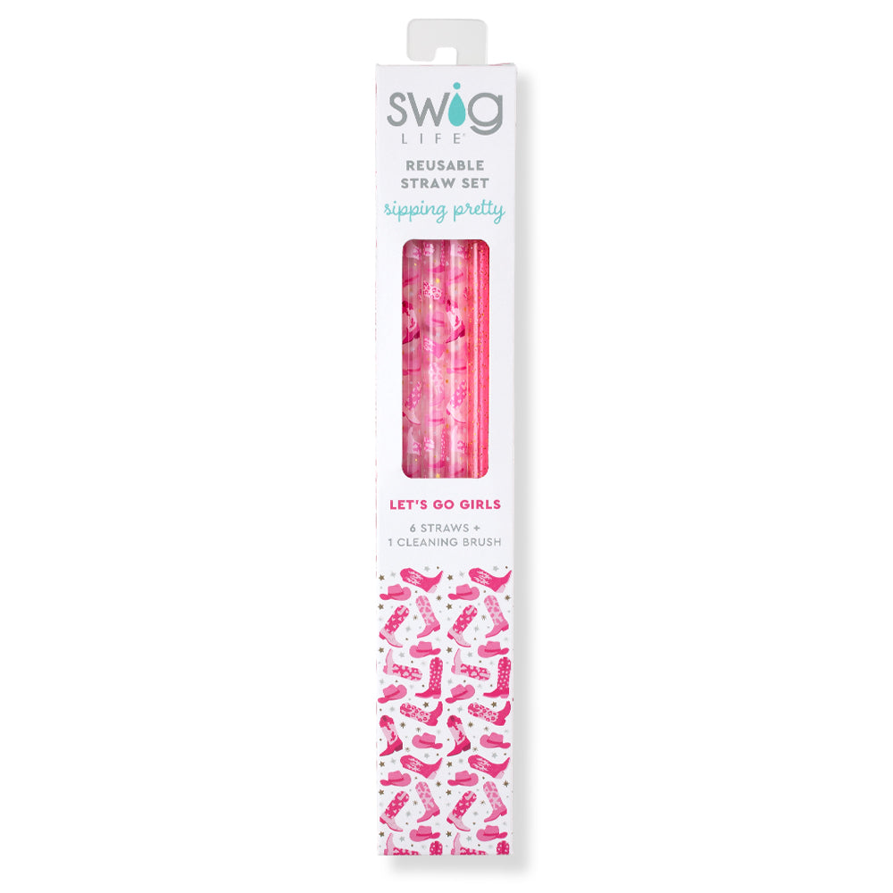 Pink Glitter Reusable Straw Set for Women - 10 Pack Eco-Friendly Metal Drinking Straws with Cleaning Brush | Perfect for Parties, Travel, and Home Use