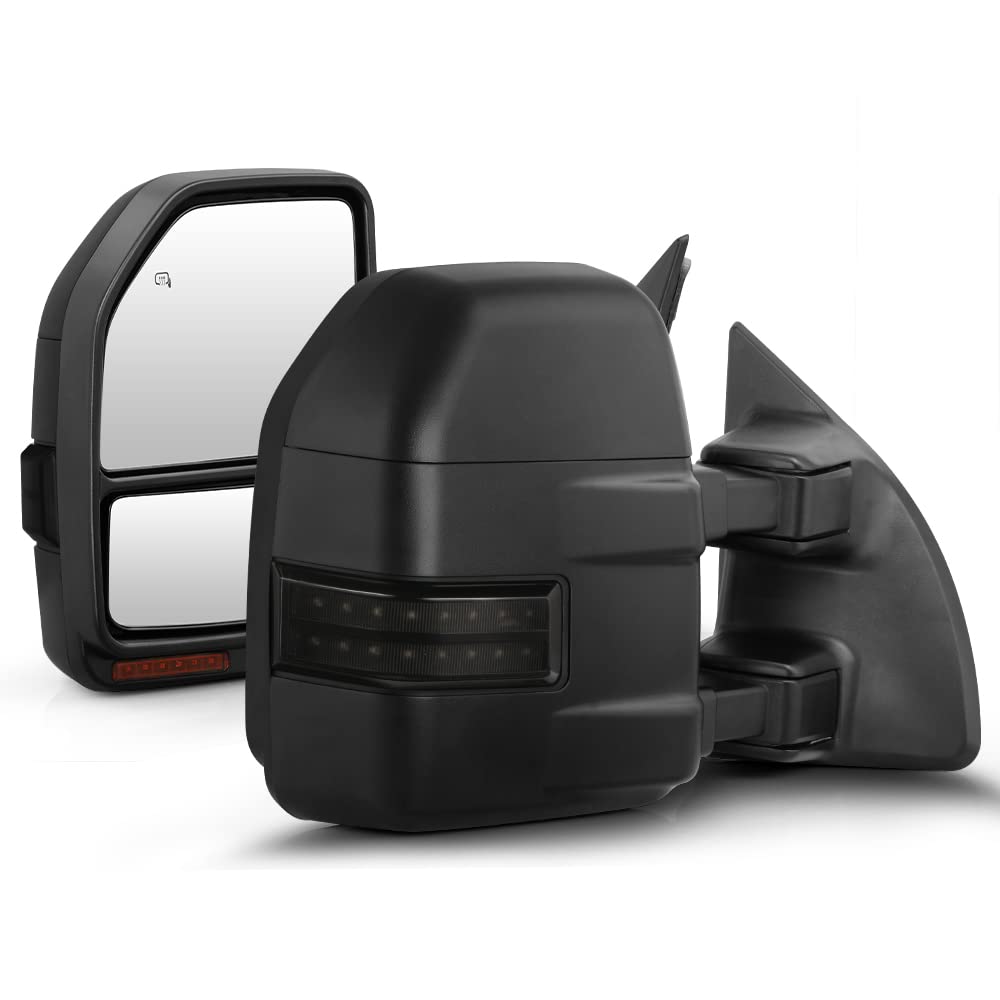 ACANII Telescoping Power Heated LED Signal Towing Mirrors for 2008-2016 Ford F250 F350 F450 - Smoke Lens, Left & Right Set - Perfect for Towing, Night Driving & Off-Road Adventures