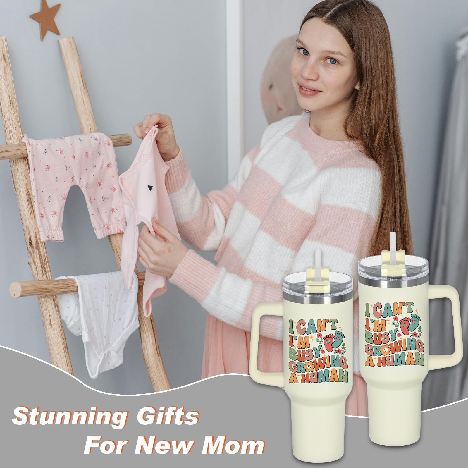 40oz 'I'm Busy Growing A Human' Tumbler with Handle - Funny Pregnancy Gift for Expecting Moms, New Mothers & Baby Showers | Perfect Mother's Day Present for Coffee, Tea & Hydration On-The-Go