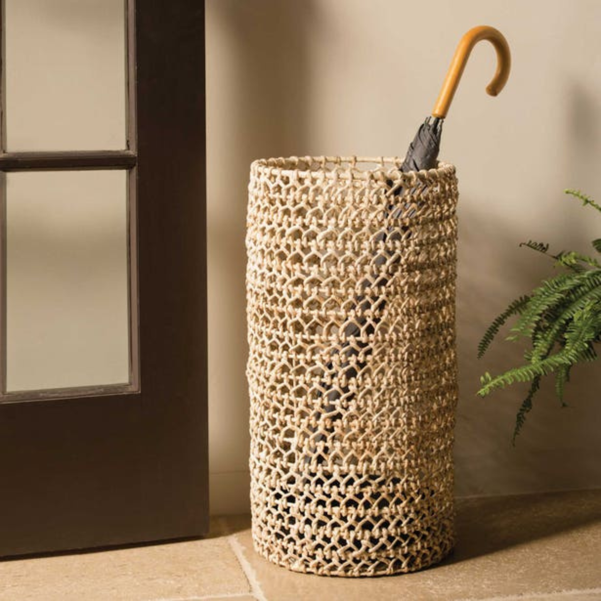 Stylish Arue Umbrella Stand Handmade from Knotted Banana Bark - Perfect for Entryway, Porch, or Patio Organization