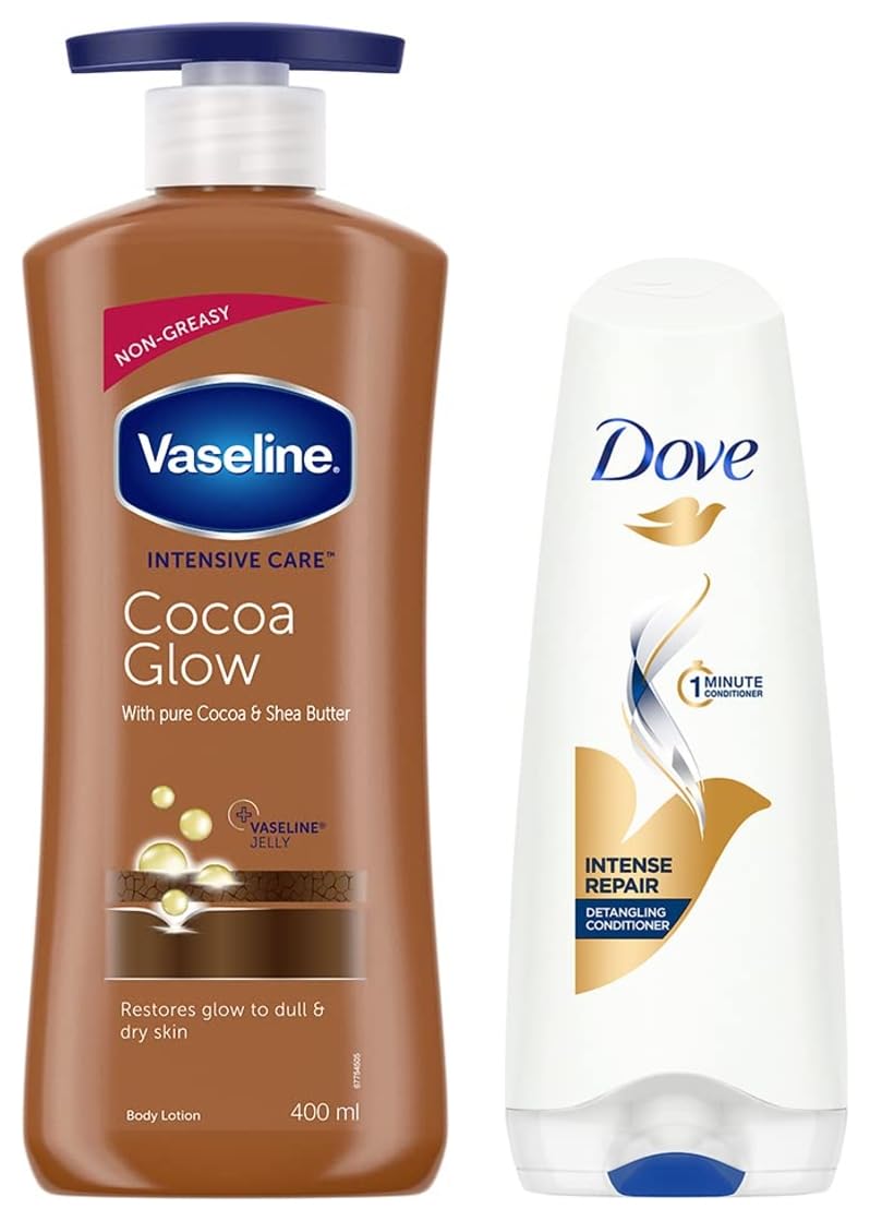 Dove Hair Therapy Intense Repair Conditioner for Damaged, Frizzy & Dry Hair - Cocoa Butter Formula, 175ml & Vaseline Intensive Care Cocoa Glow Body Lotion for Dry Skin - Deep Moisturizing, 400ml | Hair & Skin Care Combo for Daily Hydration & Repair