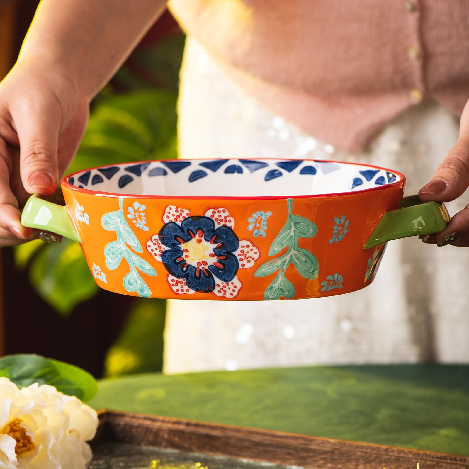 28oz Ceramic Casserole Dish - 9.7x6.26 Inch Deep Lasagna Baking Pan with Handles, Oven Safe Bakeware for Cooking & Serving | Perfect for Lasagna, Casseroles, Family Dinners & Home Decor Gifts (Orange)