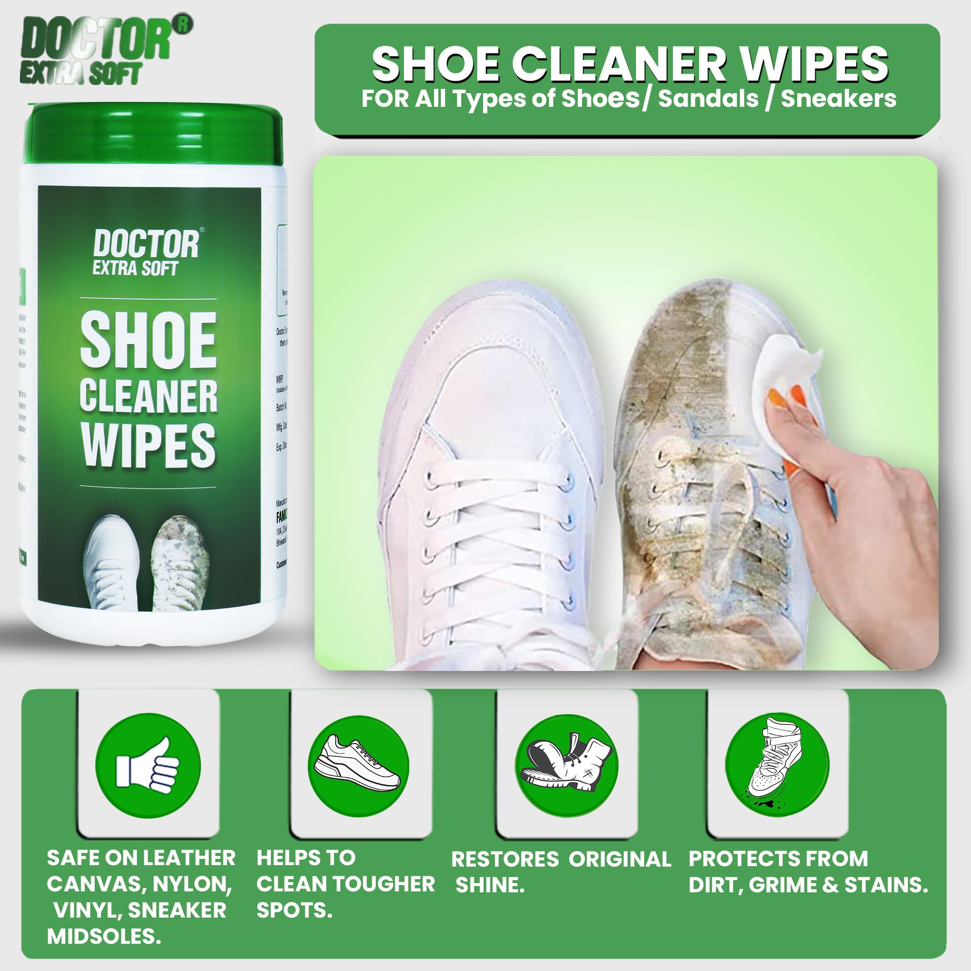 DOCTOR EXTRA SOFT Natural Shoe Cleaner Wipes - Portable Sneaker & Footwear Cleaning Wipes for Shoes, Loafers, Sandals, Slippers, Athletic & Tennis Shoes - Quickly Removes Dirt, Stains, Mud & Grass - 50 Ready-to-Use Wipes - Perfect for Travel, Gym, Outdoor Activities & Quick Shoe Maintenance