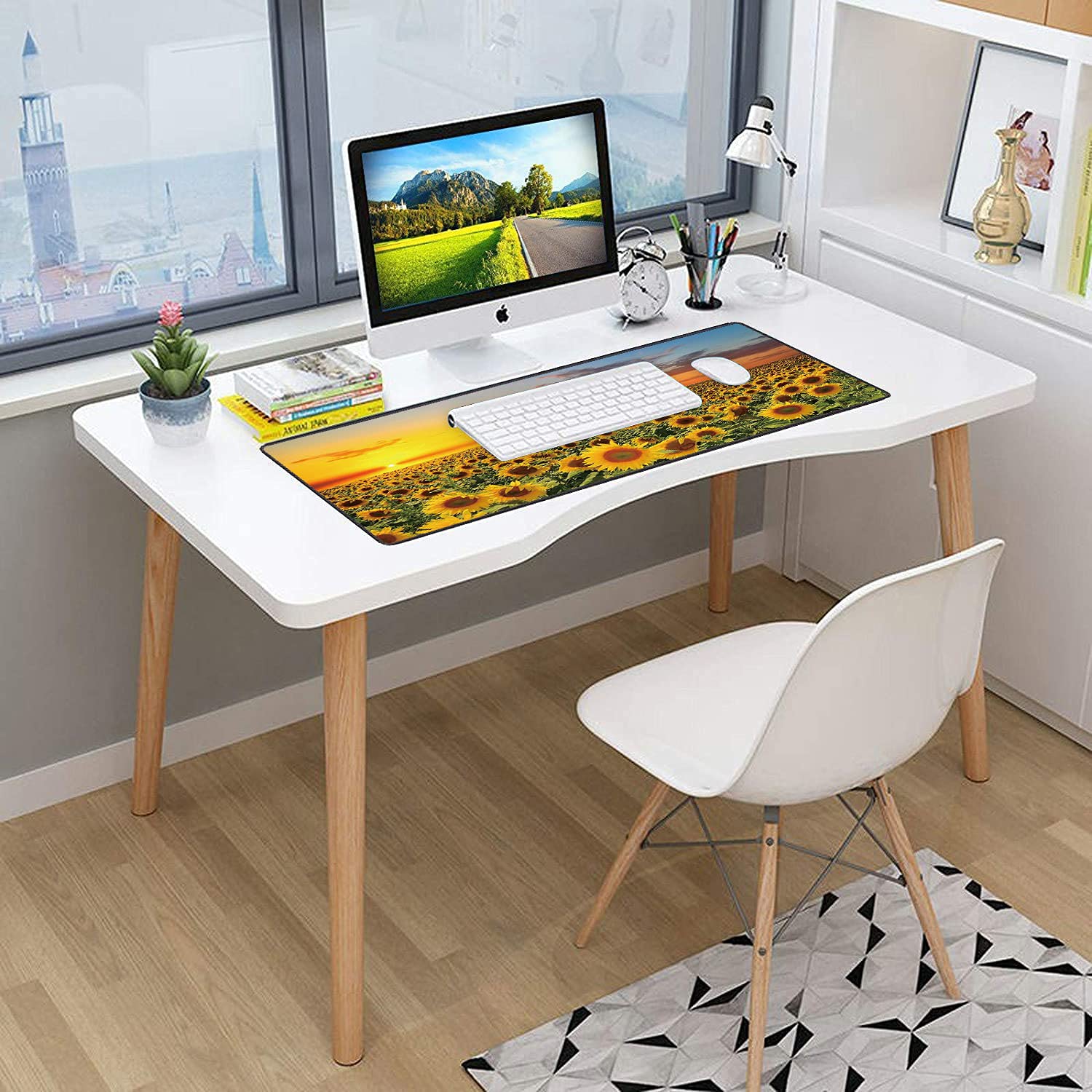 Extra Large Gaming Mouse Pad with Non-Slip Rubber Base - XXL Extended Keyboard Mouse Mat for PC, Laptop, Office & Study - Includes Free Cup Coaster - Sunflower Design for Gamers & Professionals (Perfect for Esports, Work & Home Office Setup)