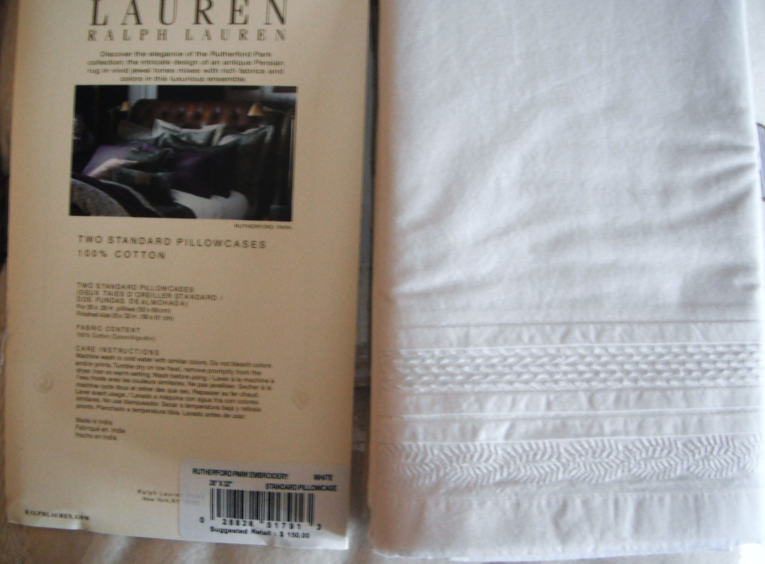 Ralph Lauren Rutherford Park White Embroidered Lace Standard Pillowcases (Set of 2) - Luxury Bedding for Master Bedroom, Guest Room & Hotel Decor