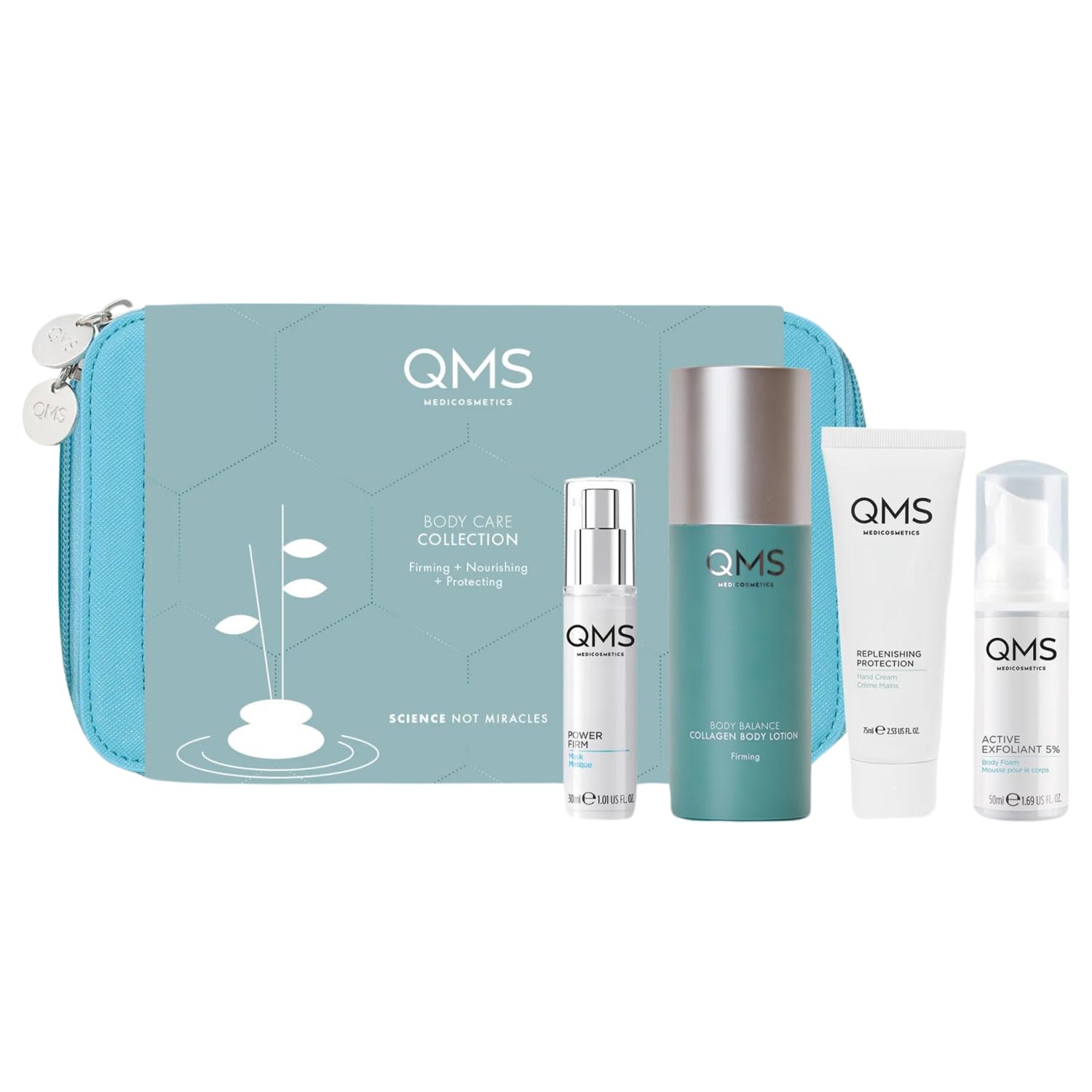 QMS Medicosmetics Body Care Collection Kit – Firming, Nourishing & Protecting Set with Collagen Body Lotion, Hand Cream, Power Firm Mask & Exfoliating Foam – Anti-Aging Skincare Routine for Dry Skin & Body Contouring