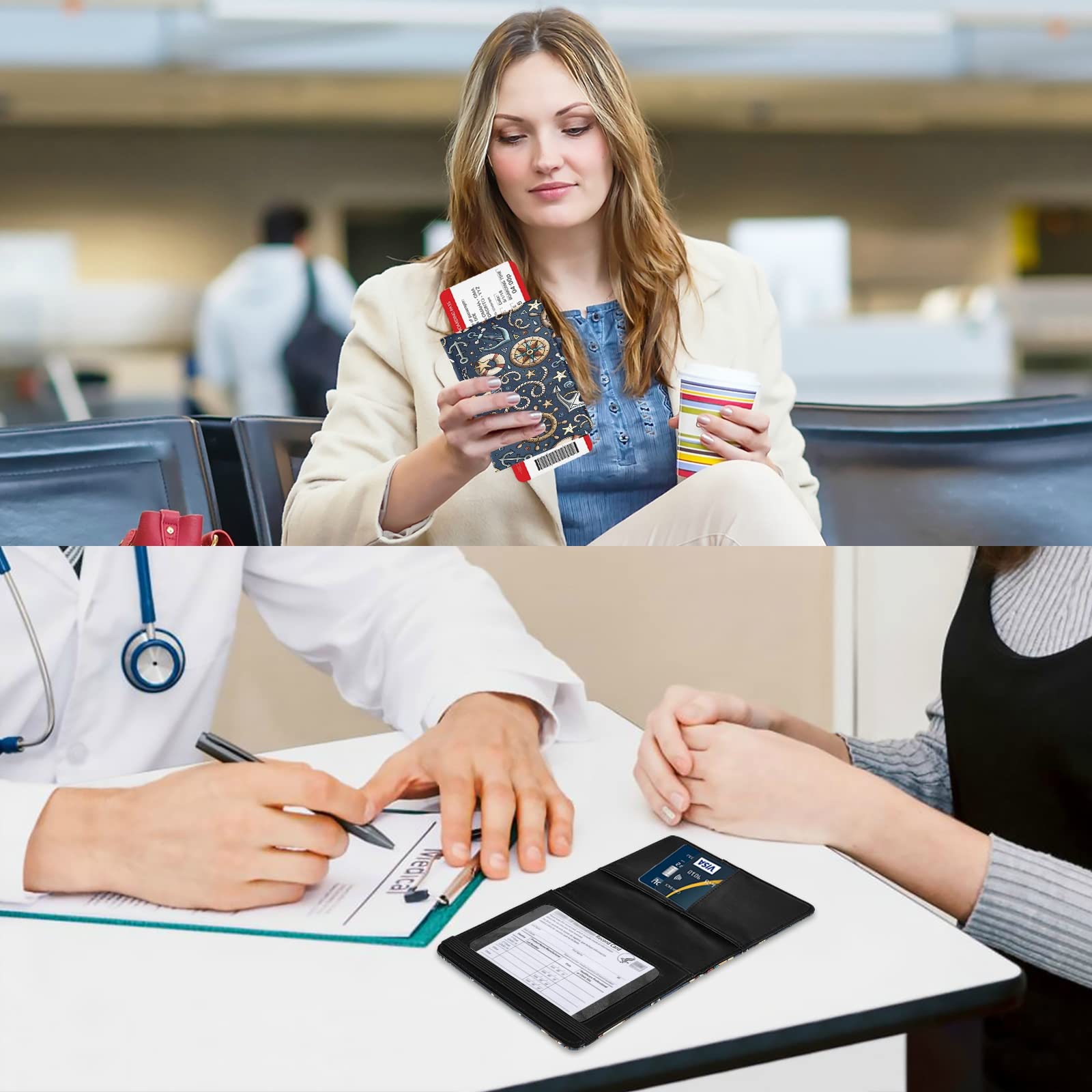 Adorable Cartoon Hand-Drawn Nautical Passport Holder & Vaccine Card Set - Waterproof Travel Wallet for Men & Women - Perfect for Airports, Cruises and International Trips
