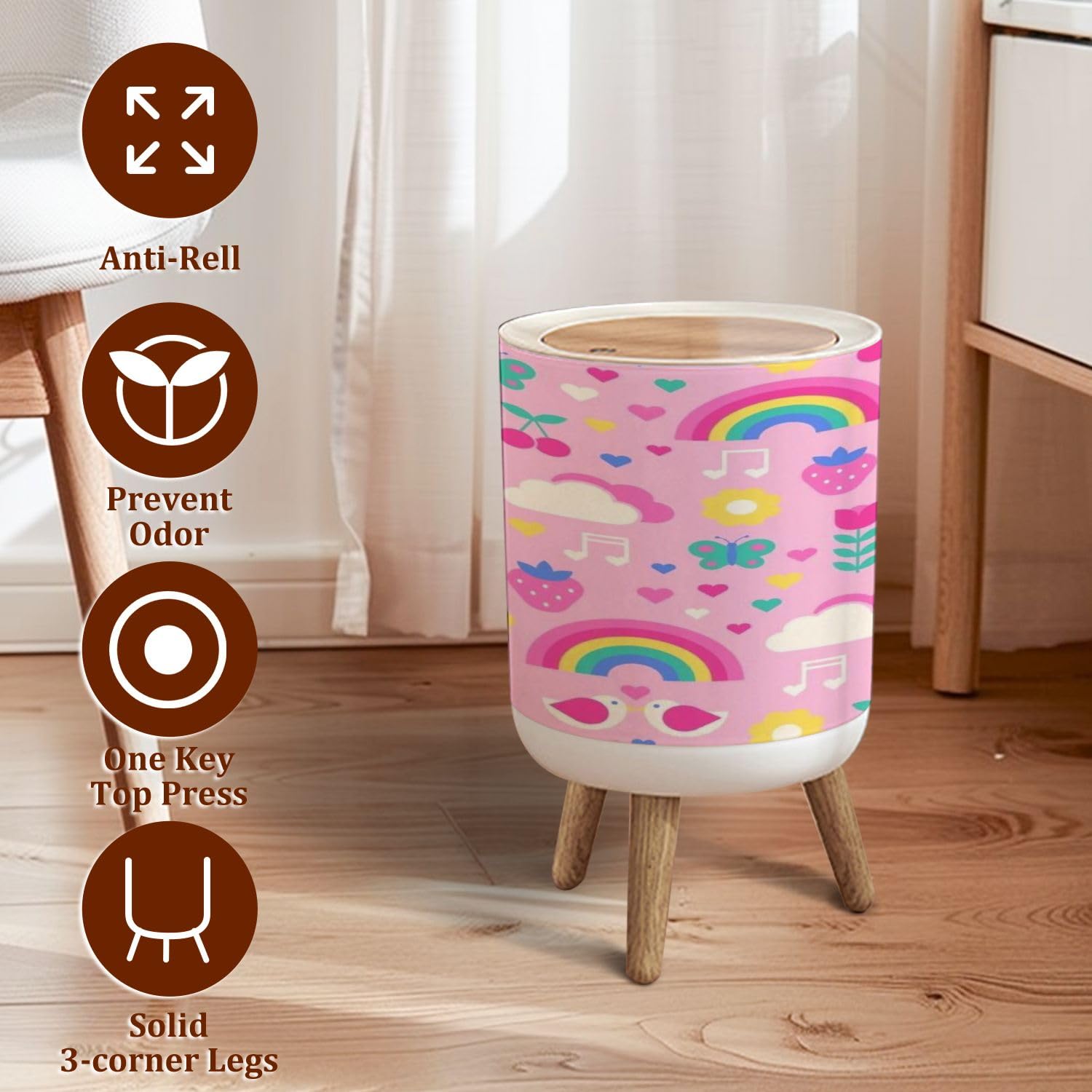 Cute Geometric Heart Pattern Small Trash Can with Lid - 1.8 Gallon Pet Proof Waste Basket for Kitchen, Bathroom, Office & Bedroom - Valentine's Day Decorative Garbage Bin for Home & Office Use