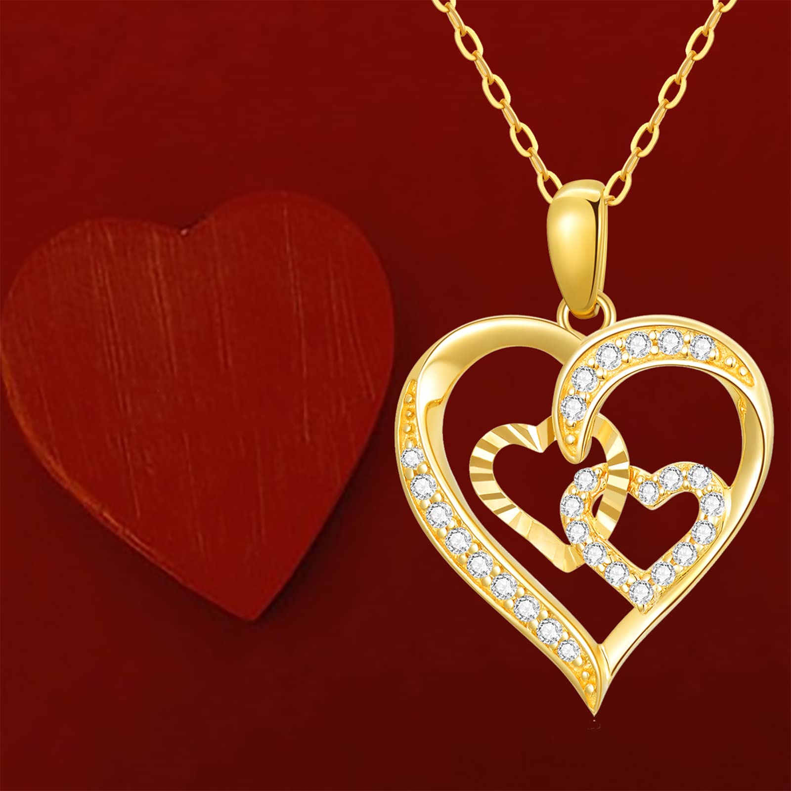 14K Real Gold Heart Necklace for Women - Yellow Gold Love Pendant with Triple Hearts, Anniversary & Birthday Gift (16+1+1 inch) | Elegant Jewelry for Date Night, Wedding & Special Occasions