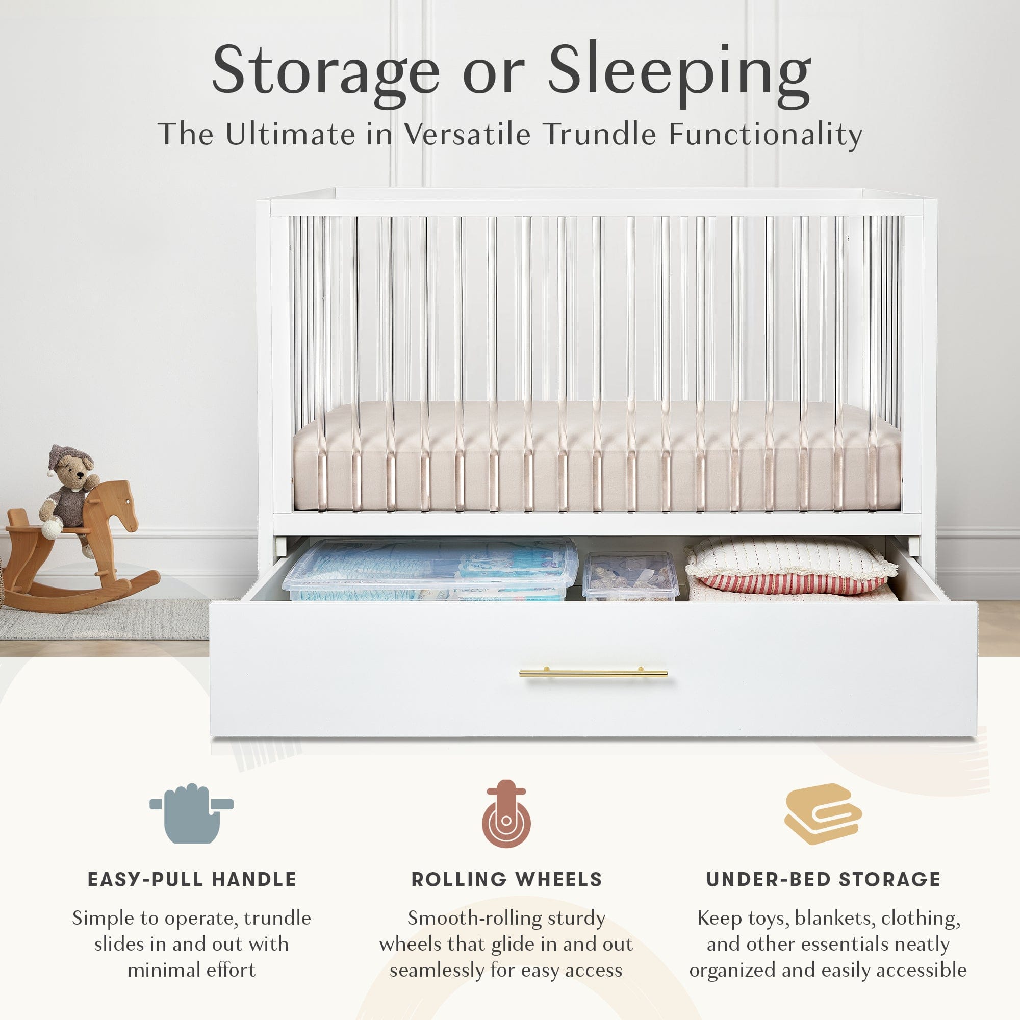 Hush Crib with Trundle - Gold Handle Convertible Baby Crib for Nursery - Perfect for Small Spaces & Shared Rooms