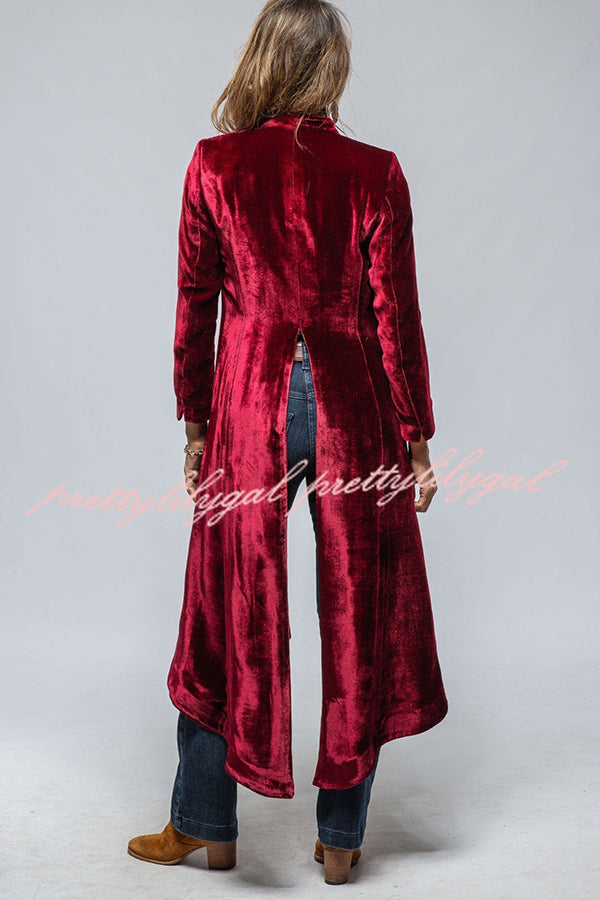 Vintage Velvet Long Loose Pocket Slit Coat - Women's Elegant Trench Coat with Pockets for Fall Winter Fashion, Perfect for Office, Date Night and Special Occasions