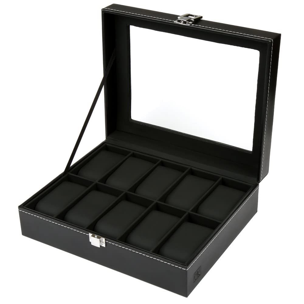 Premium Black Faux Leather Watch Box Organizer for Men & Women - Velvet Lined Display Case Holds 10 Watches - Perfect for Travel, Gift & Jewelry Storage