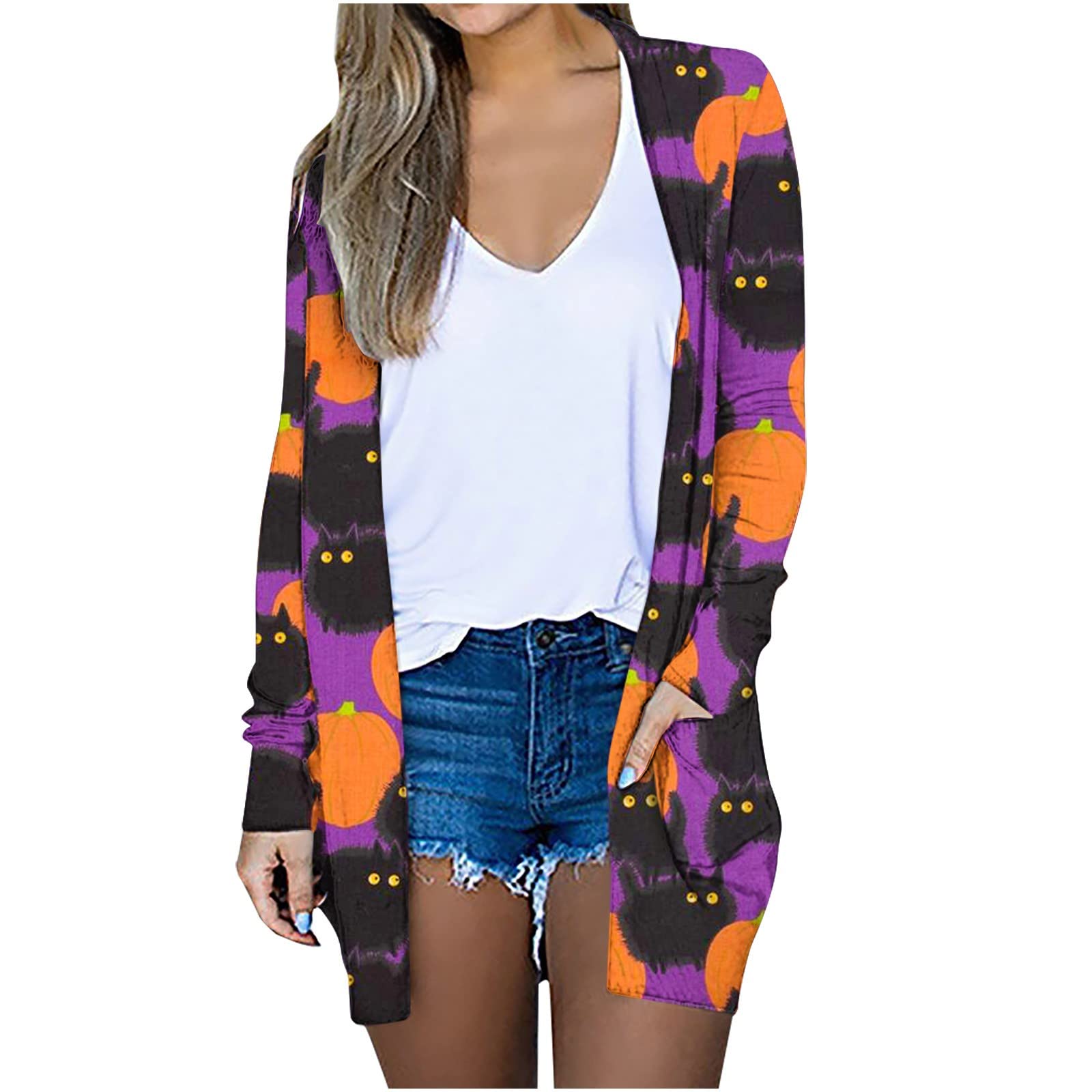 Women's Halloween Pumpkin Print Cardigan - Long Sleeve Open Front Lightweight Coat for Casual Wear | Fall Fashion, Autumn Layering, Cozy Loungewear, Pumpkin Patch Outfit