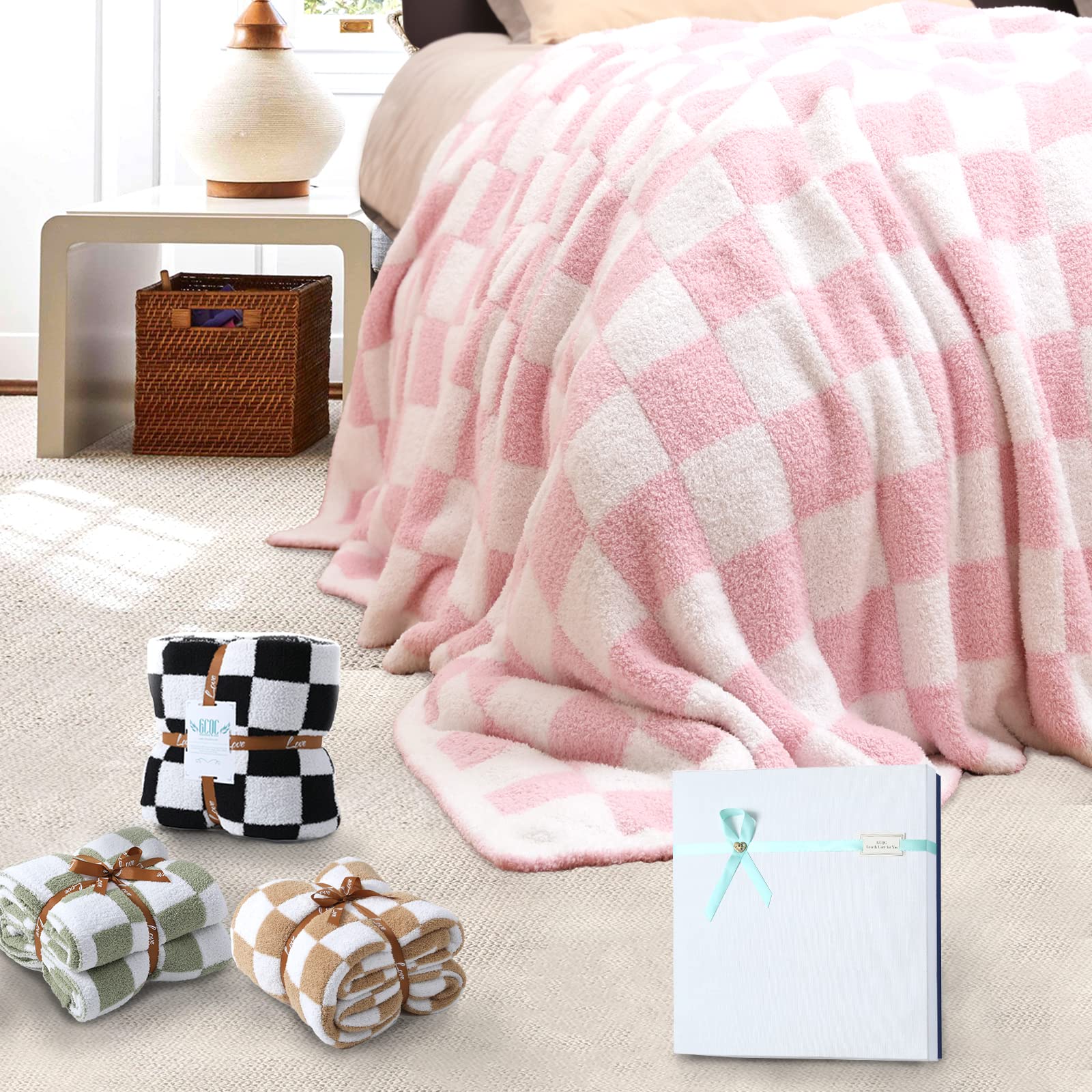Checkered Knit Throw Blanket - Soft Fluffy Shaggy Cozy Checkerboard Grid Blanket for Bed, Couch & Sofa | Perfect Gift for Women & Mom | Home Decor, Winter Warmth & Cozy Nights