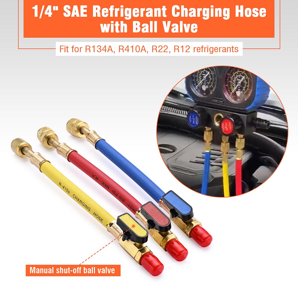 TheLAShop AC R410A 1/4 Inch Charging Hose Set with Ball Valves Fittings - Professional HVAC Refrigerant Charging Kit for Air Conditioning Repair & Maintenance