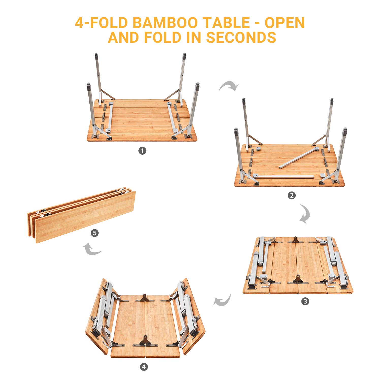 ATEPA Adjustable Height Bamboo Folding Camping Table with Aluminum Legs - Portable Outdoor Coffee Table for Patio, Travel, Picnic, Indoor & Outdoor Use - Perfect for Backyard BBQs, Beach Trips and RV Camping