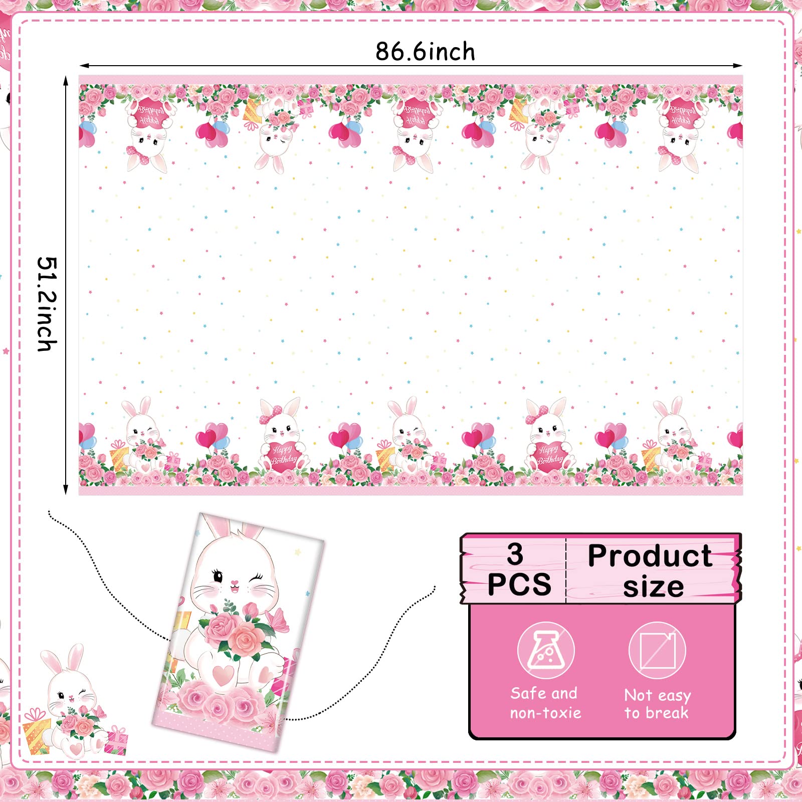 Jecery 3 Pack Easter Bunny Party Tablecloths - Pastel Floral Plastic Table Covers for Spring Birthday, Baby Shower & Girls Party Decorations - Perfect for Easter Celebrations, Birthday Parties & Baby Showers