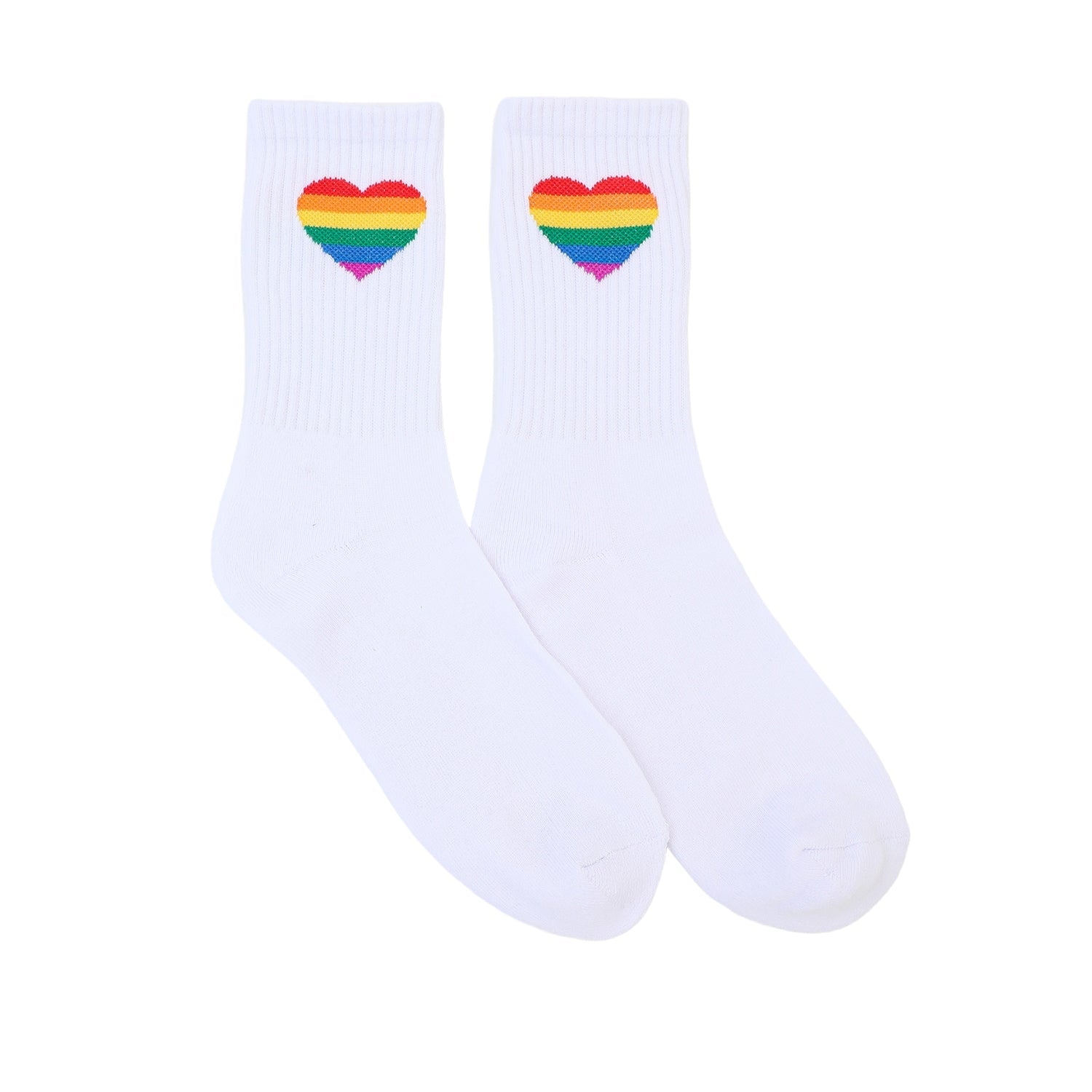 FLOOF Pride Heart Crew Socks - White LGBTQ+ Rainbow Love Socks for Women & Men - Perfect for Pride Month, Valentine's Day & Everyday Wear