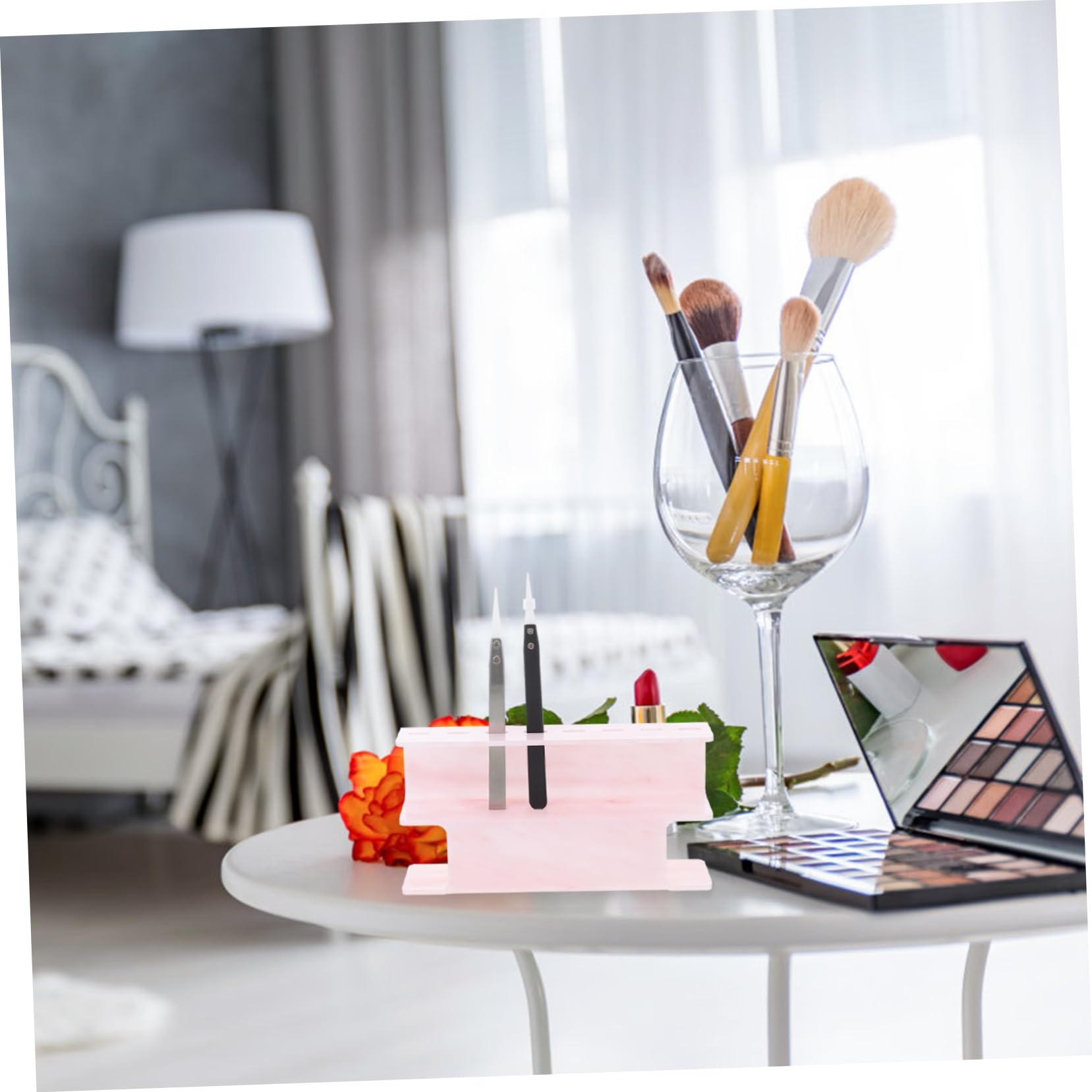 Acrylic Pink Makeup Tweezers Storage Rack - Eyelash Extension Tweezer & Makeup Brush Organizer Stand with Shears Holder - Perfect for Salon, Beauty Station & Home Vanity Organization