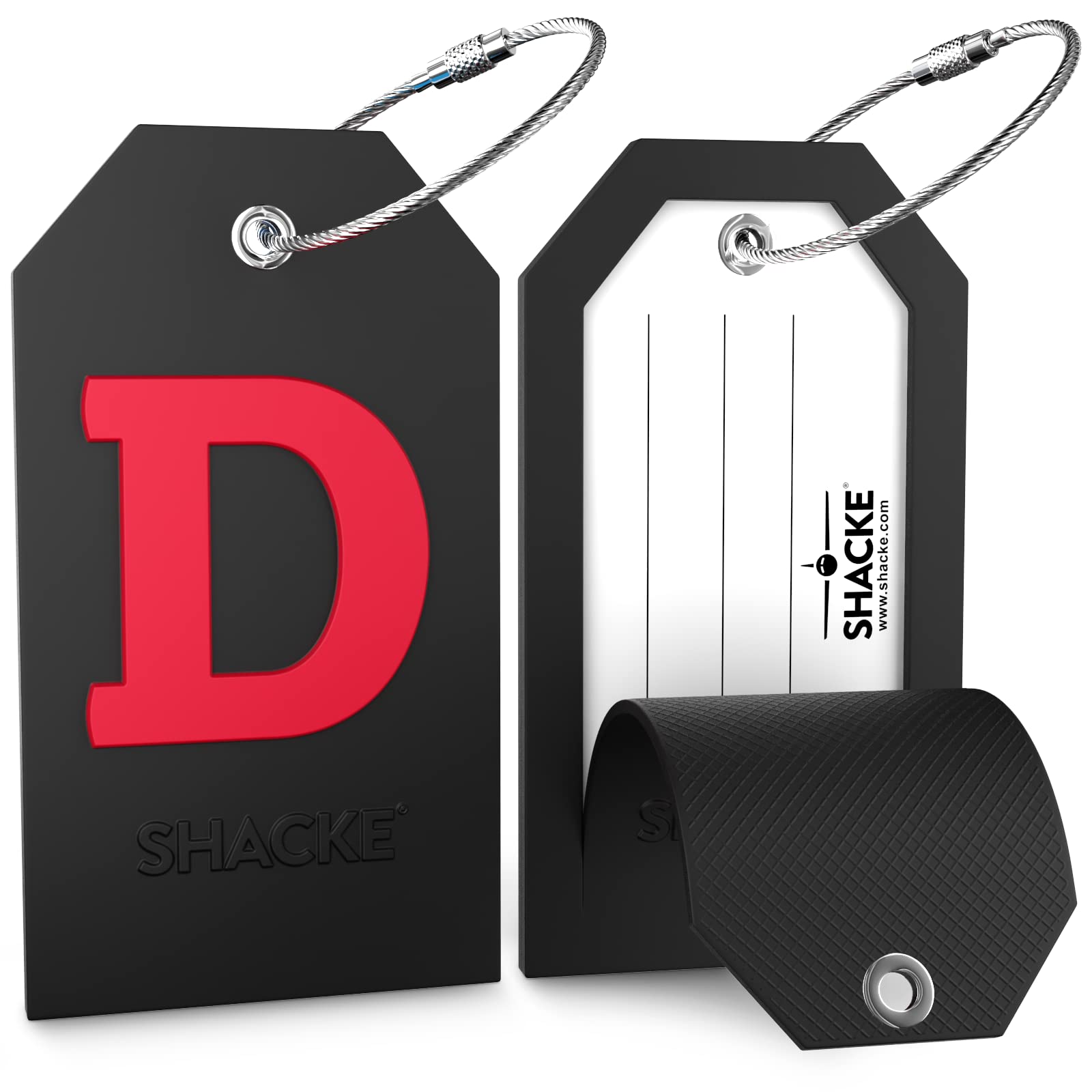 Durable Shacke Initial Luggage Tag with Privacy Cover & Stainless Steel Loop - Black Monogram (Letter D) - Perfect for Travel, Suitcases & Backpack Identification