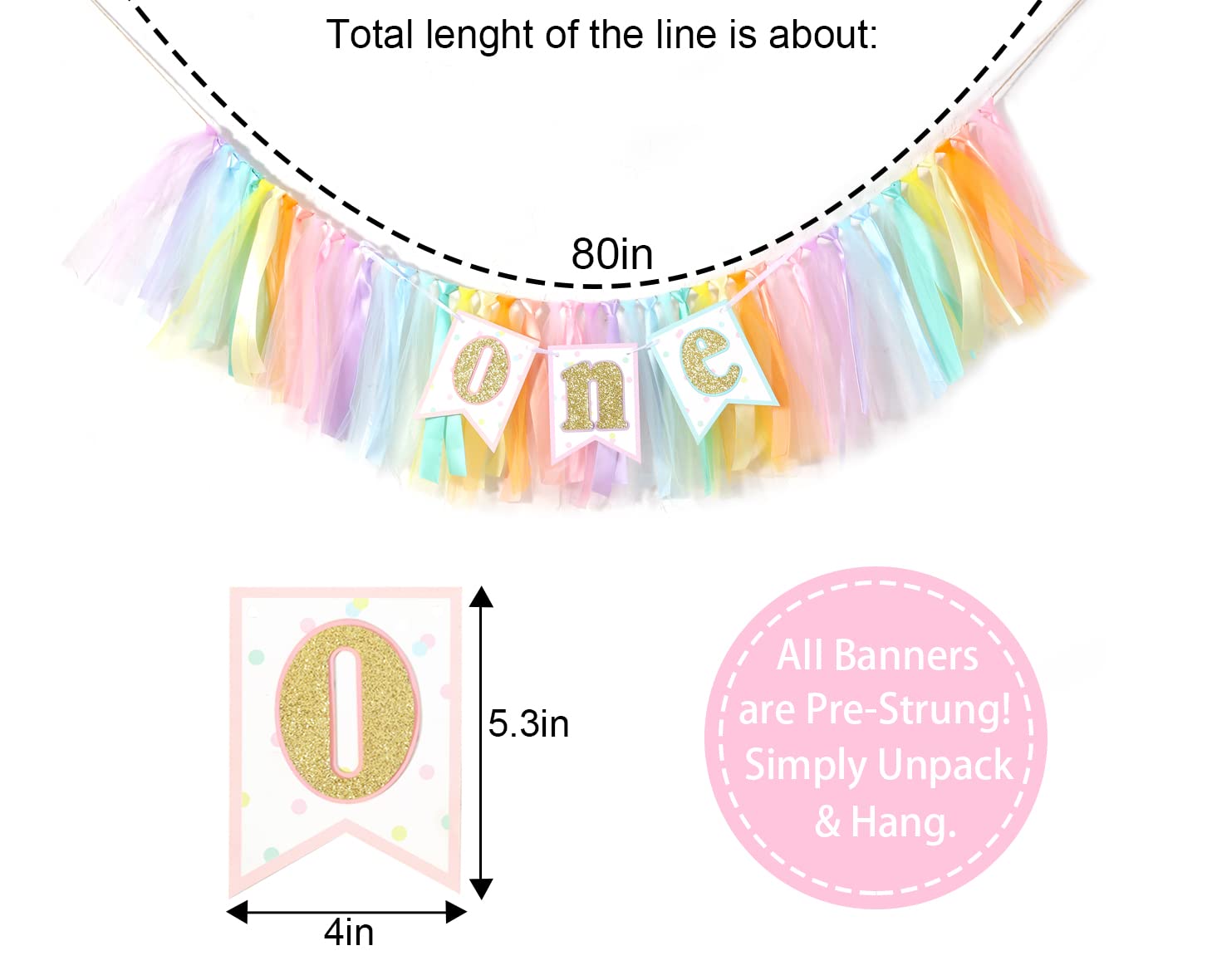 Rainbow High Chair Banner for 1st Birthday - Girl's First Birthday Tutu Banner, Ice Cream Party Decorations, Baby Shower & Birthday Party Supplies - Perfect for Cake Smash Photos, Highchair Decor, and Rainbow-Themed Celebrations