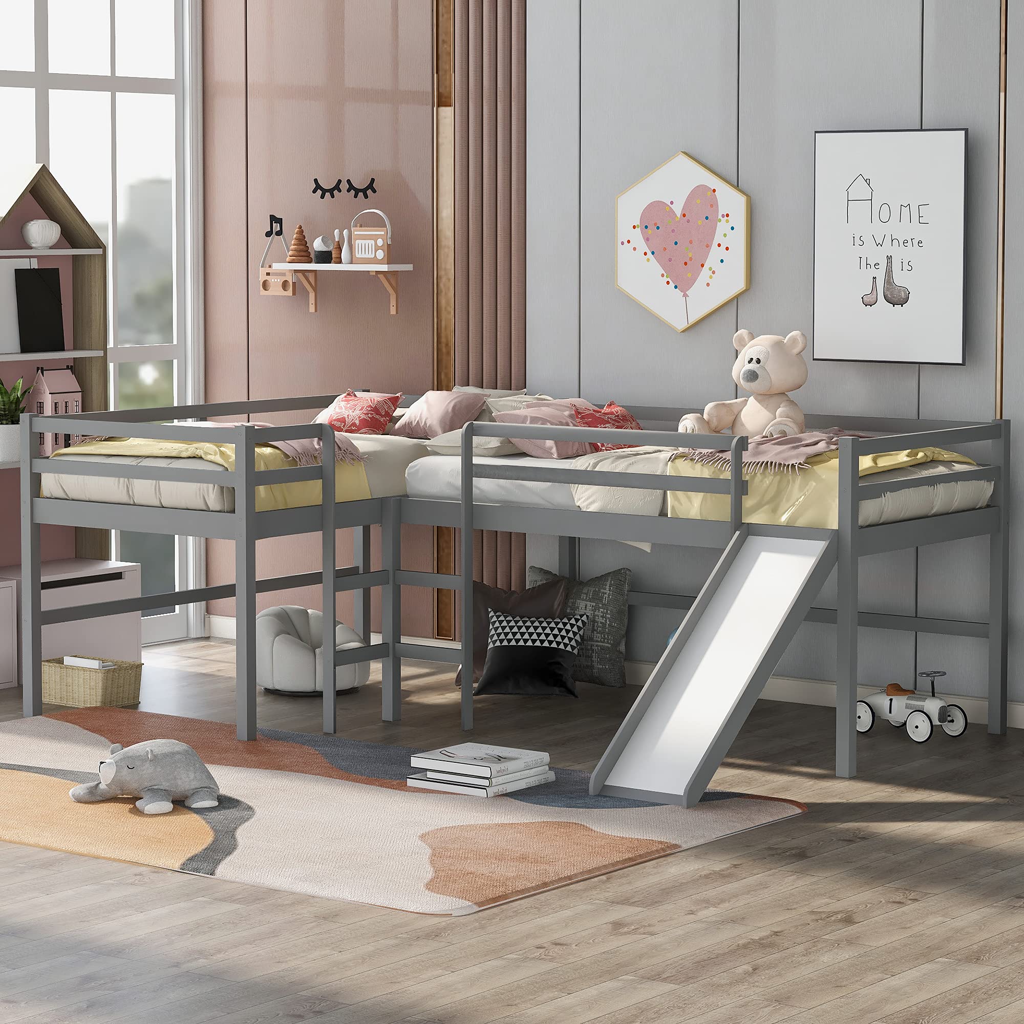 Merax Twin Size L-Shaped Loft Bed with Slide for 2 Kids - Low Loft Bed Frame for Boys & Girls in Grey - Perfect for Small Bedrooms, Kids' Rooms & Shared Spaces