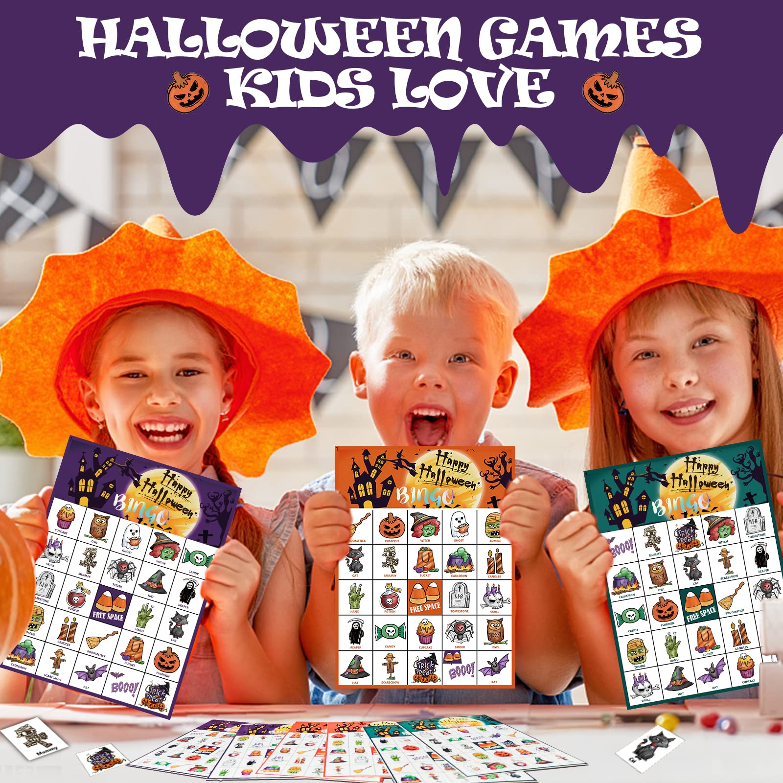VESPRO 46PCS Halloween Bingo Game Set for 30 Players - Fun Halloween Party Games for Kids, Classroom Activities & Family Gatherings - Perfect for Halloween Parties, School Events and Spooky Game Nights