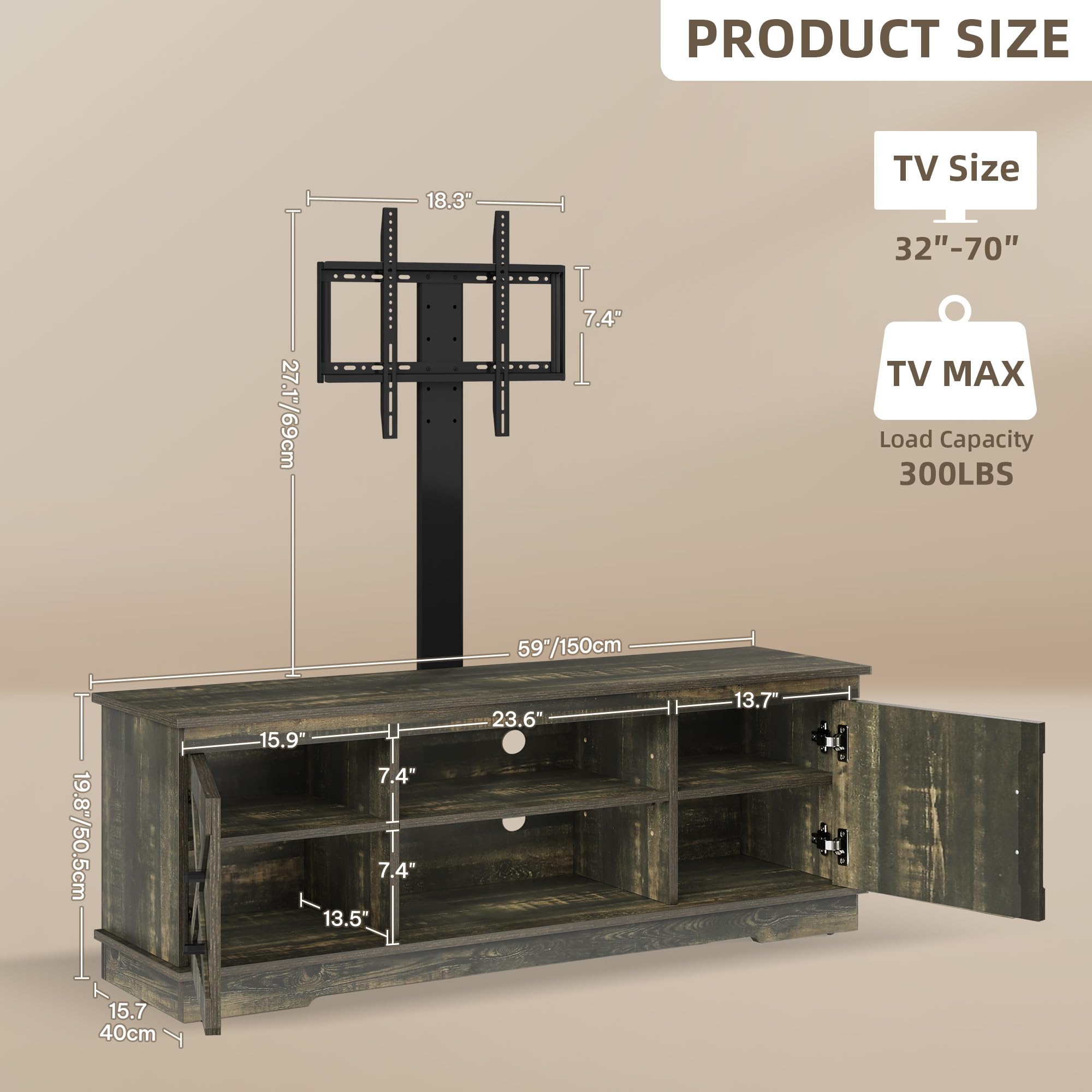 YITAHOME Farmhouse TV Stand with Mount for 32-70 Inch TVs, Sturdy Entertainment Center with Adjustable Shelves - Rustic Oak Media Console for Living Room, Bedroom & Home Theater Setup