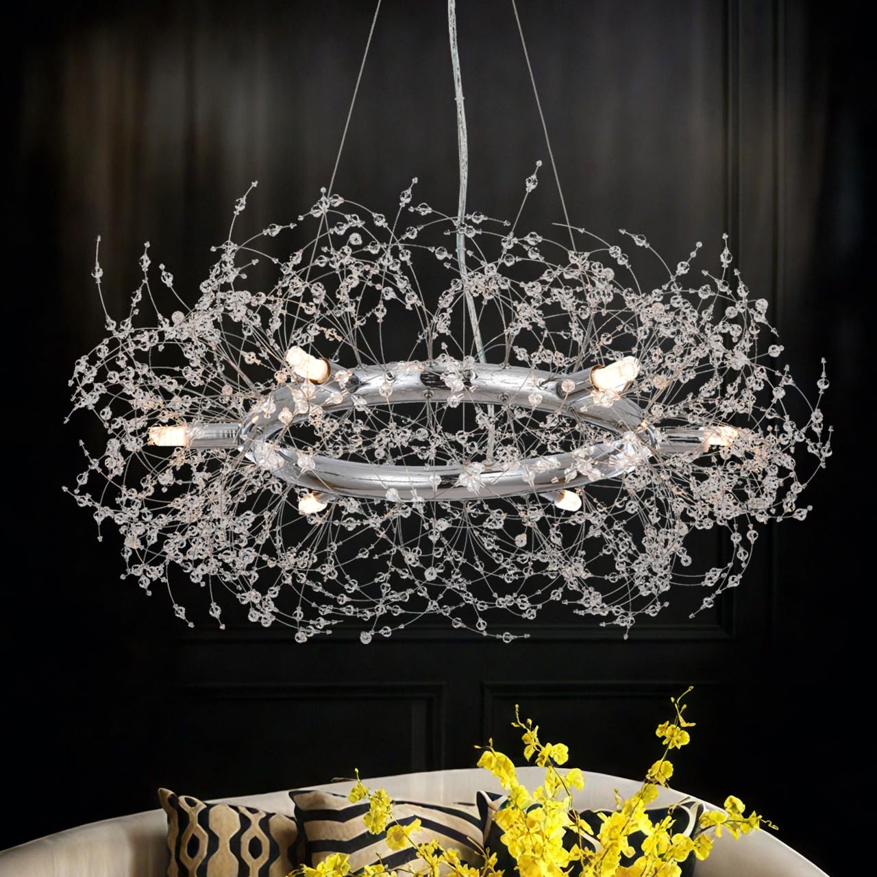 Modern Silver Crystal Firework Chandelier - Large Round Chrome Dining Room Ceiling Light Fixture for Bedroom, Living Room, Entryway | Elegant Lighting for Home Decor, Wedding & Restaurant Ambiance