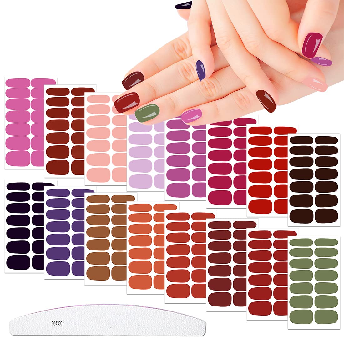 16 Sheets Solid Color Full Nail Wraps - Self-Adhesive Gel Nail Polish Strips for Women with Nail File | DIY Manicure at Home, Salon-Quality Nails for Parties & Special Occasions