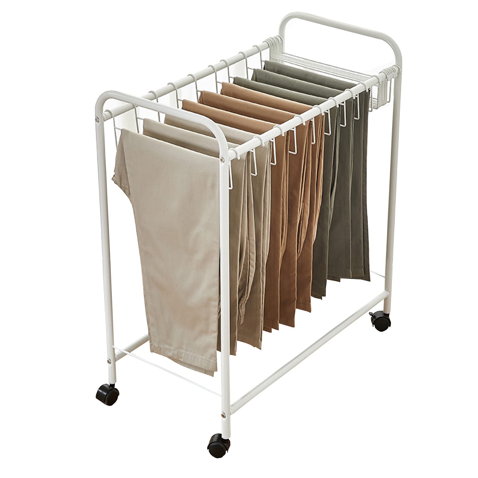 Metal Multi-Hook Pants Storage Rack with Removable Rollers - Space Saving Wardrobe Organizer for Jeans, Skirts & Trousers - Perfect for Closet, Bedroom & Laundry Room Organization