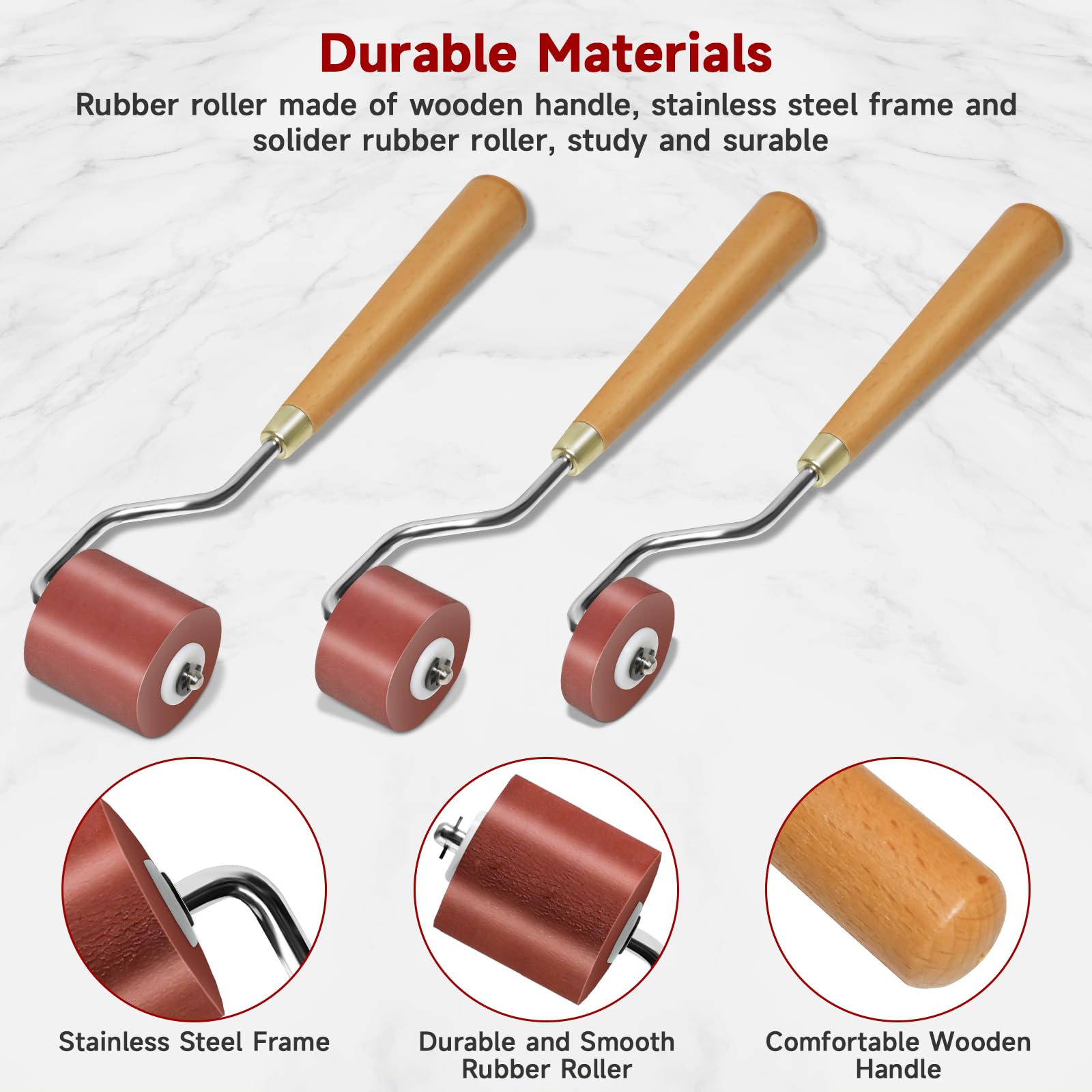 3-Piece Rubber Brayer Rollers for Printmaking, Crafting & Stamping - Ink Roller Set with Comfort Grip for Artists & DIY Projects - Perfect for Linocut, Screen Printing & Card Making