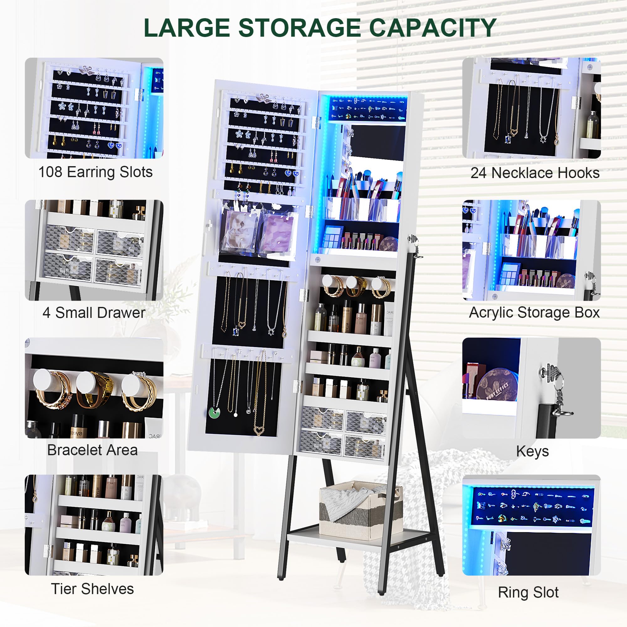 HNEBC LED Mirror Jewelry Cabinet - Lockable Standing Jewelry Armoire Organizer with Full Length Mirror & Adjustable Lighting, White (Perfect for Bedroom Vanity, Dressing Room & Christmas Gifts for Women)