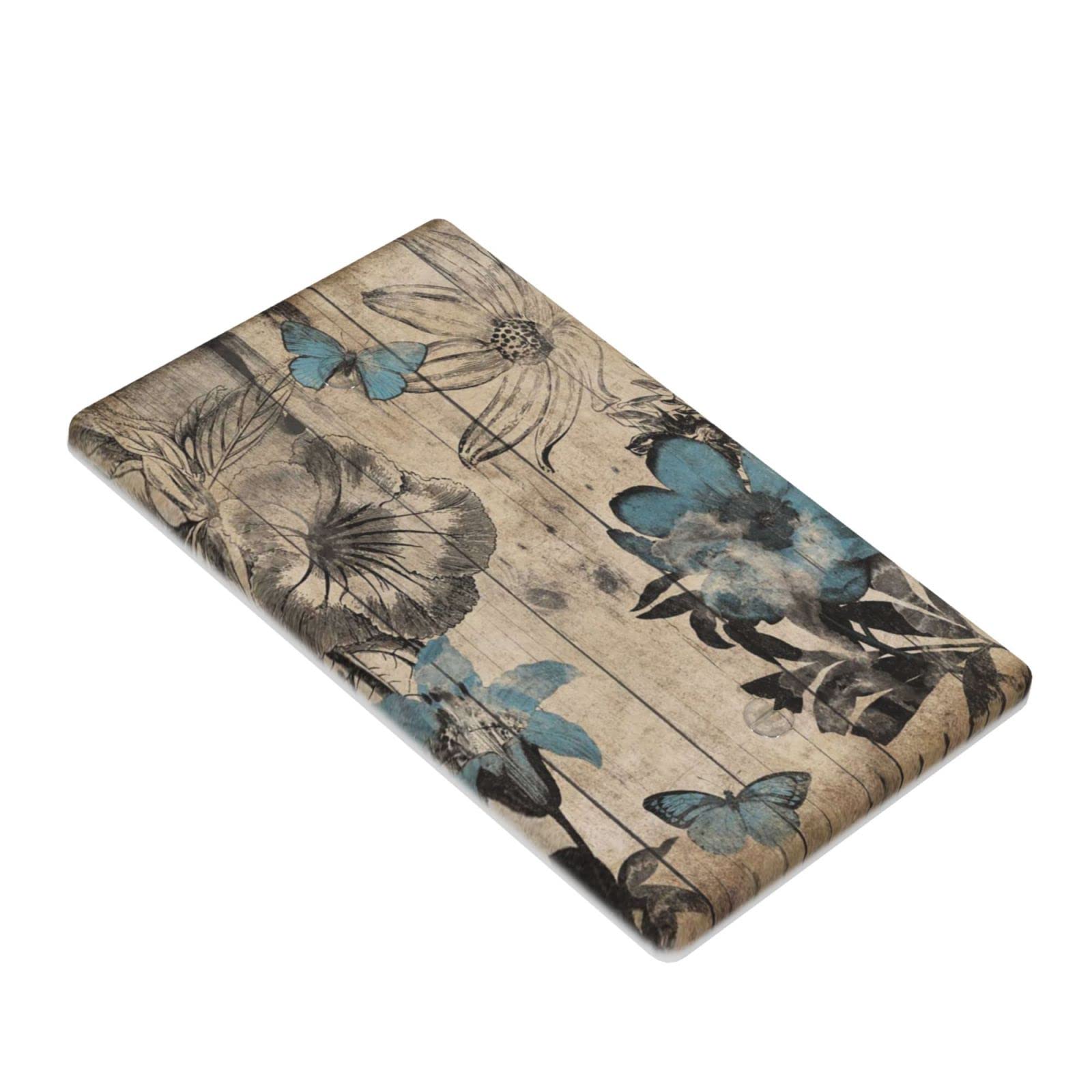 Blue Wood Floral Decorative Light Switch Cover - Single Gang Blank Plastic Wall Plate for Electrical Outlets - Perfect for Kids Bedroom, Bathroom & Home Decor