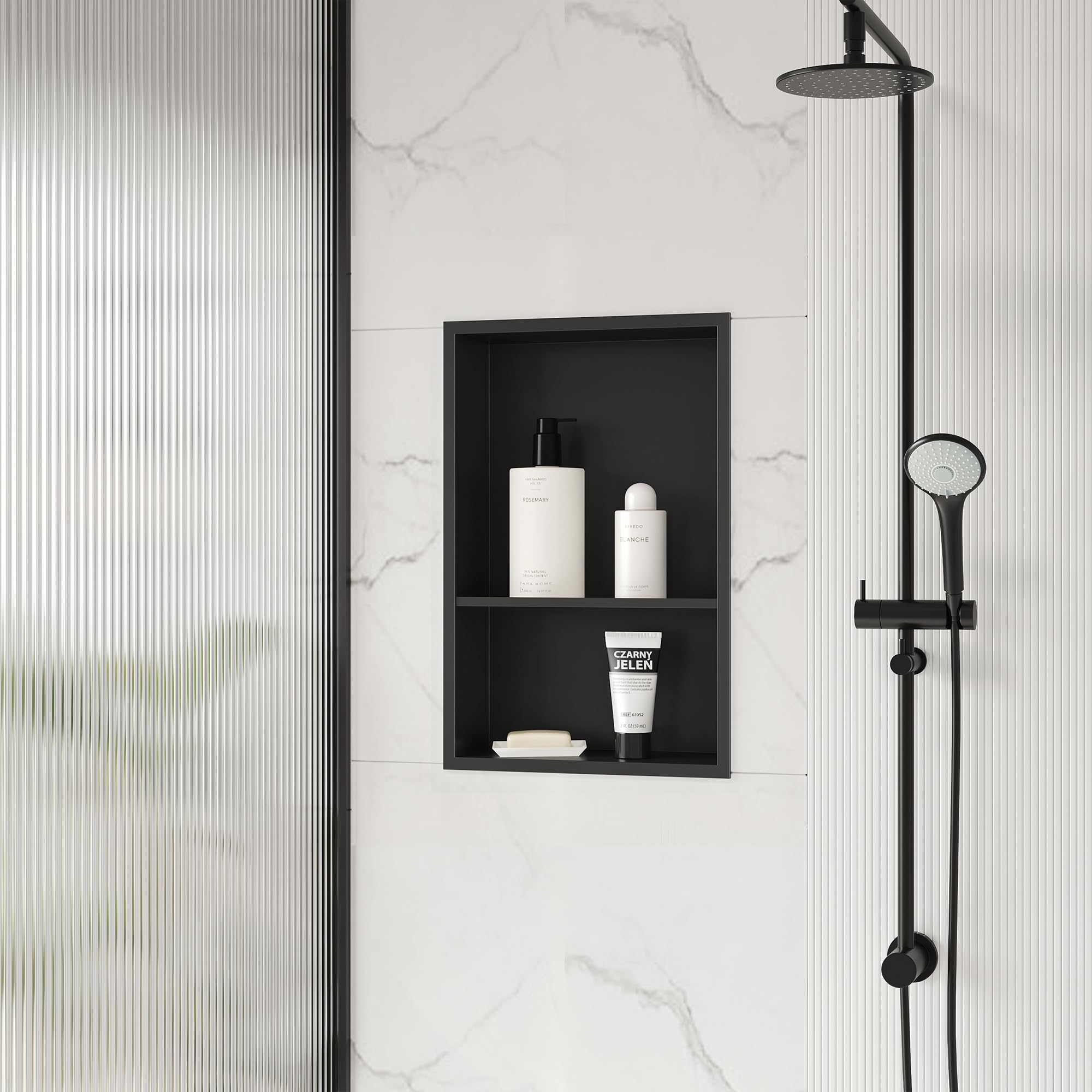 18x12 Inch Stainless Steel Shower Niche with Double Shelves - No Tile Needed Recessed Bathroom Wall Storage - Matte Black Finish for Modern Showers & Spa Bathrooms