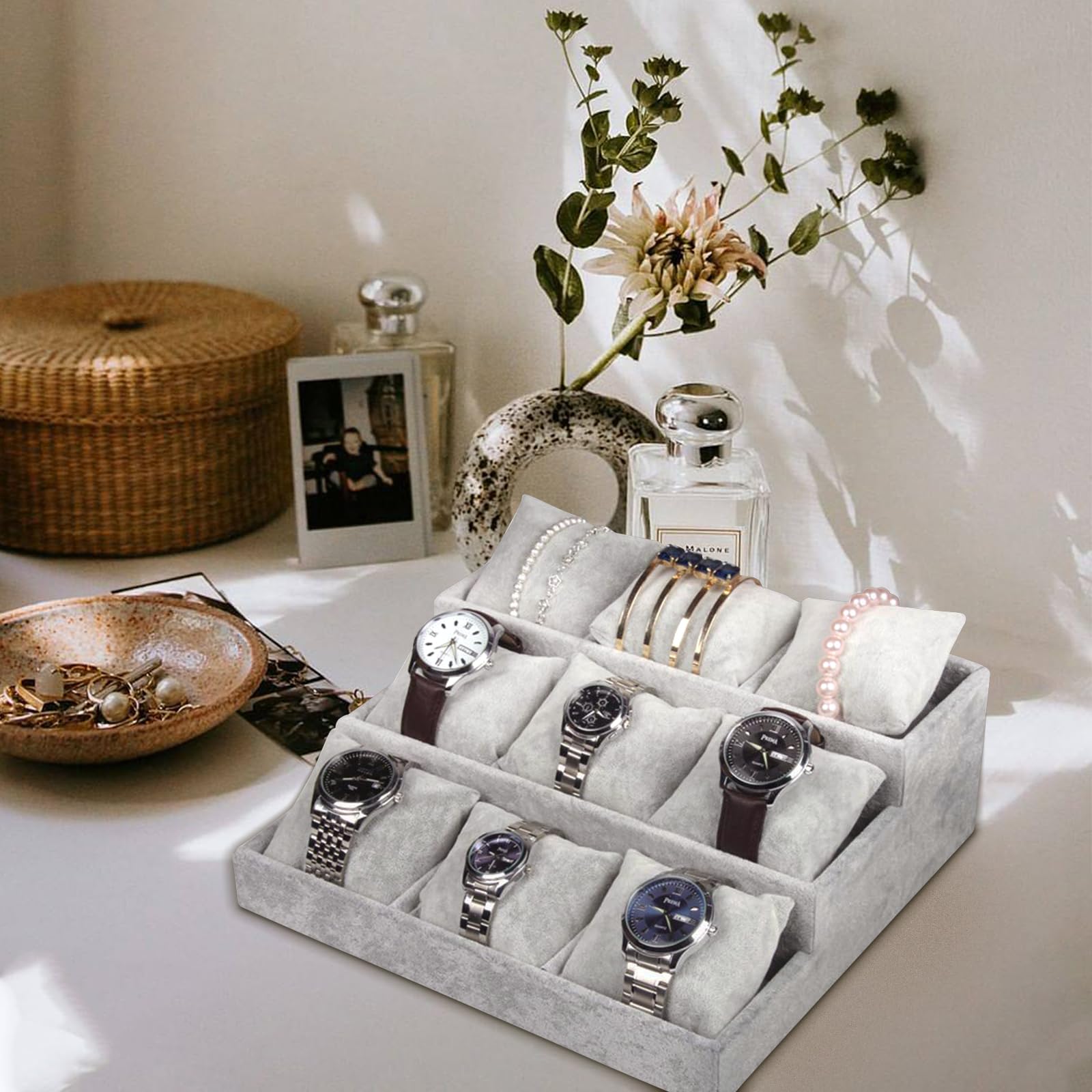 Premium 3-Layer Watch Display Case & Bracelet Organizer - Velvet Watch Holder Tray with Watch Pillows for Men & Women | Luxury Jewelry Storage, Travel Watch Box, Dresser Top Organizer