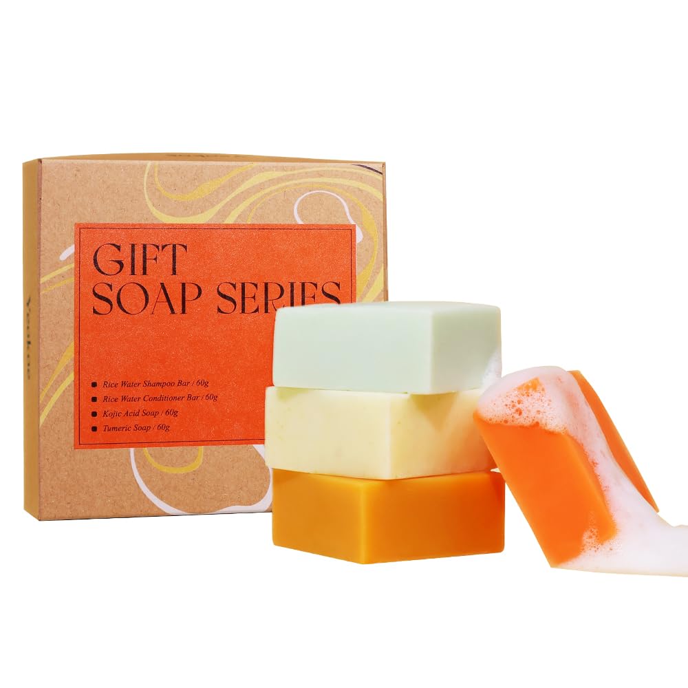Turmeric Soap Bar & Rice Water Shampoo Conditioner Bar Set with Kojic Acid - Deep Cleansing for Body, Face & Hair | Travel Toiletries & Spa Gifts for Women | Perfect for Skincare Routine, Travel Essentials & Relaxing Self-Care Moments