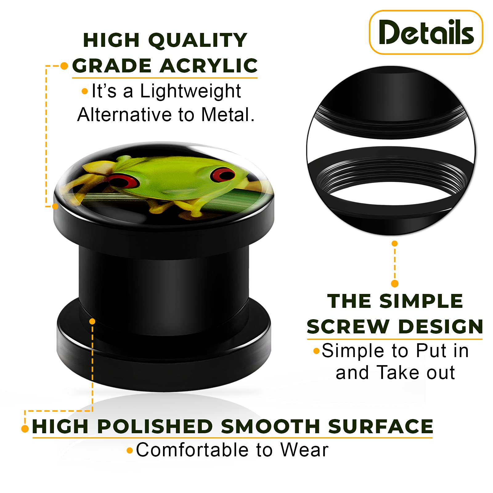 Black Acrylic Green Frog Logo Screw-Fit Flesh Tunnel Ear Plugs - Stretcher Earrings for Lobe Piercing Jewelry - Perfect for Punk, Goth & Alternative Fashion Styles