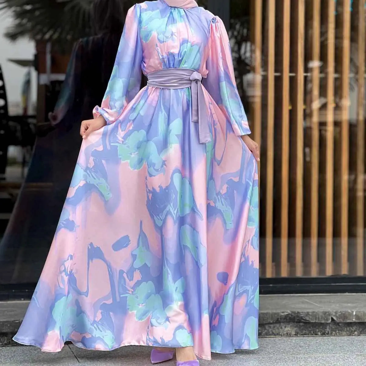 Elegant Printed Muslim Women's Satin Abaya Dress - Modest Islamic Prayer Dress for Eid, Wedding & Special Occasions