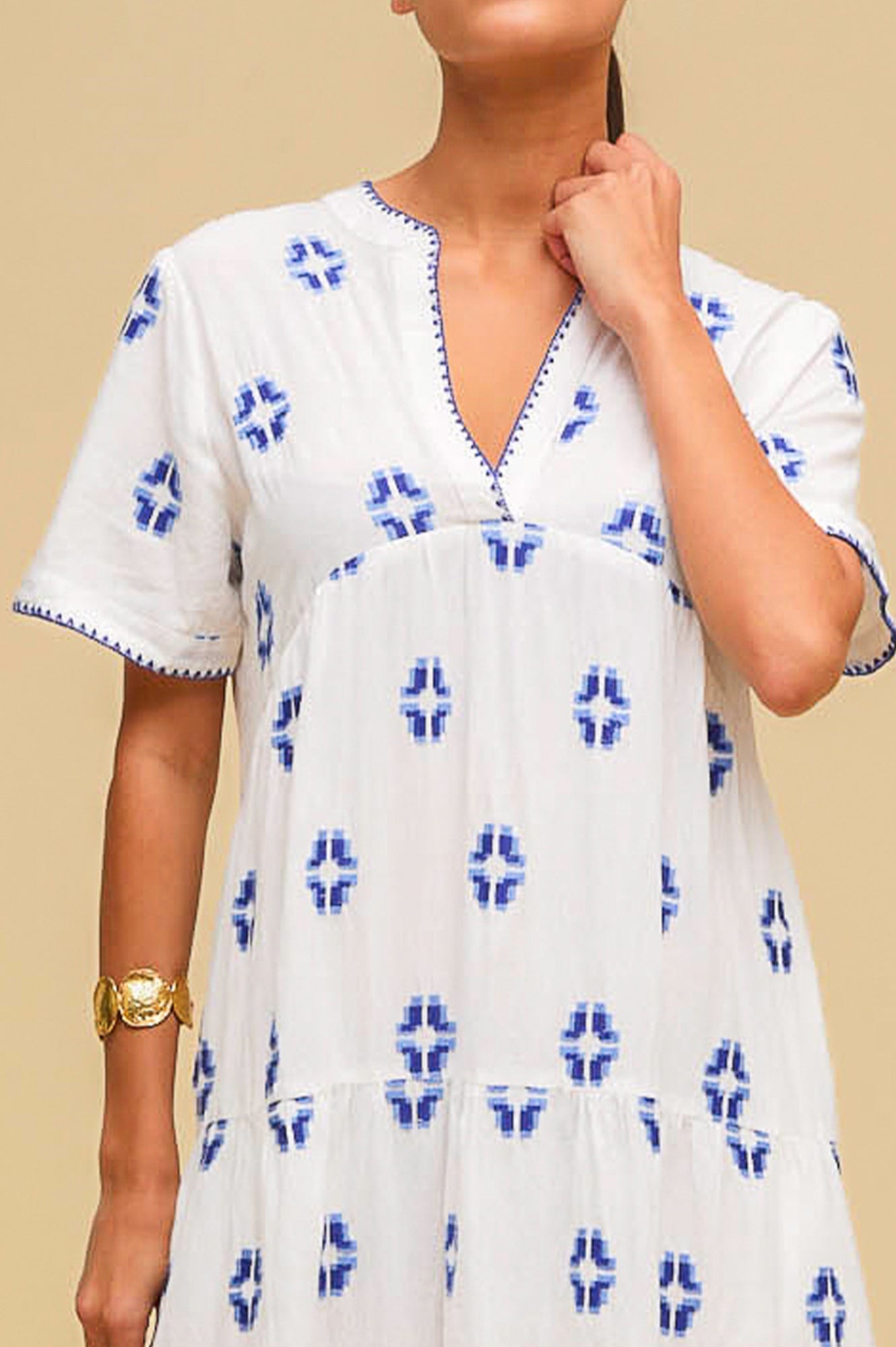 Handmade Indian Embroidered Organic Cotton Dress for Women - Breathable Summer Maxi Dress in White & Blue | Perfect for Beach Vacations, Boho Festivals & Casual Outings