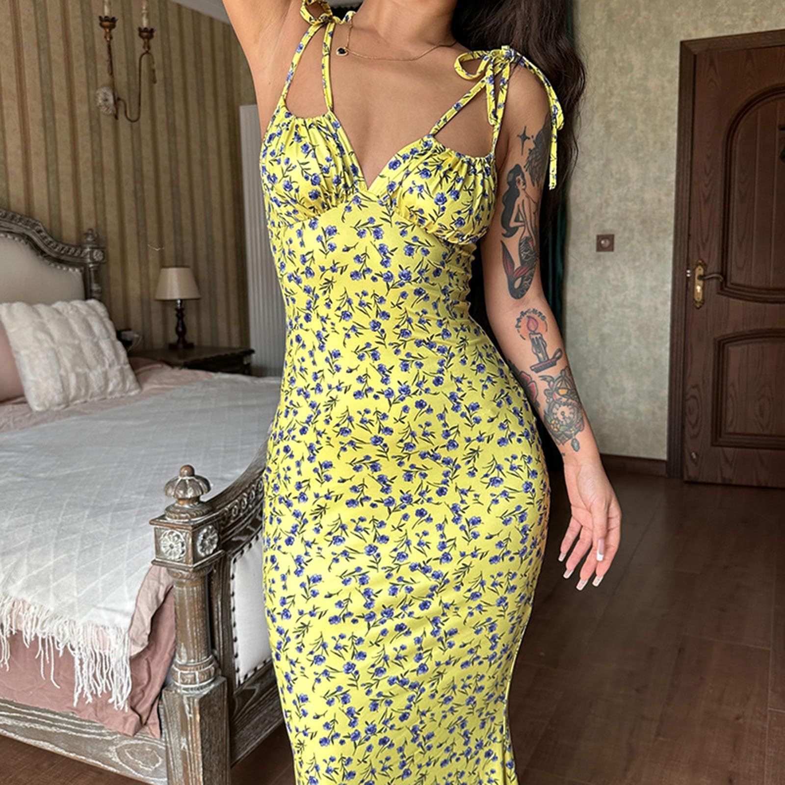 Women's Summer Bodycon Maxi Dress - Sleeveless Tie Shoulder Boho Floral Sundress for Wedding Guest, Party & Beach | Y2K Sexy Fashion