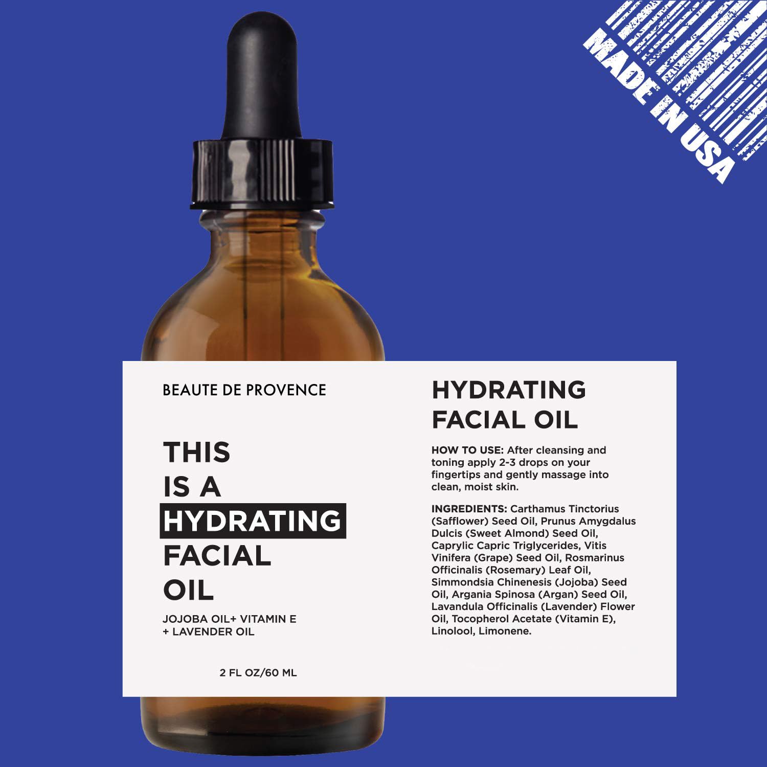 HYDRATING Facial Oil with Jojoba, Vitamin E & Lavender - 2 Fl Oz - Natural Moisturizer for Dry Skin - Perfect for Night Routine & Daily Skincare