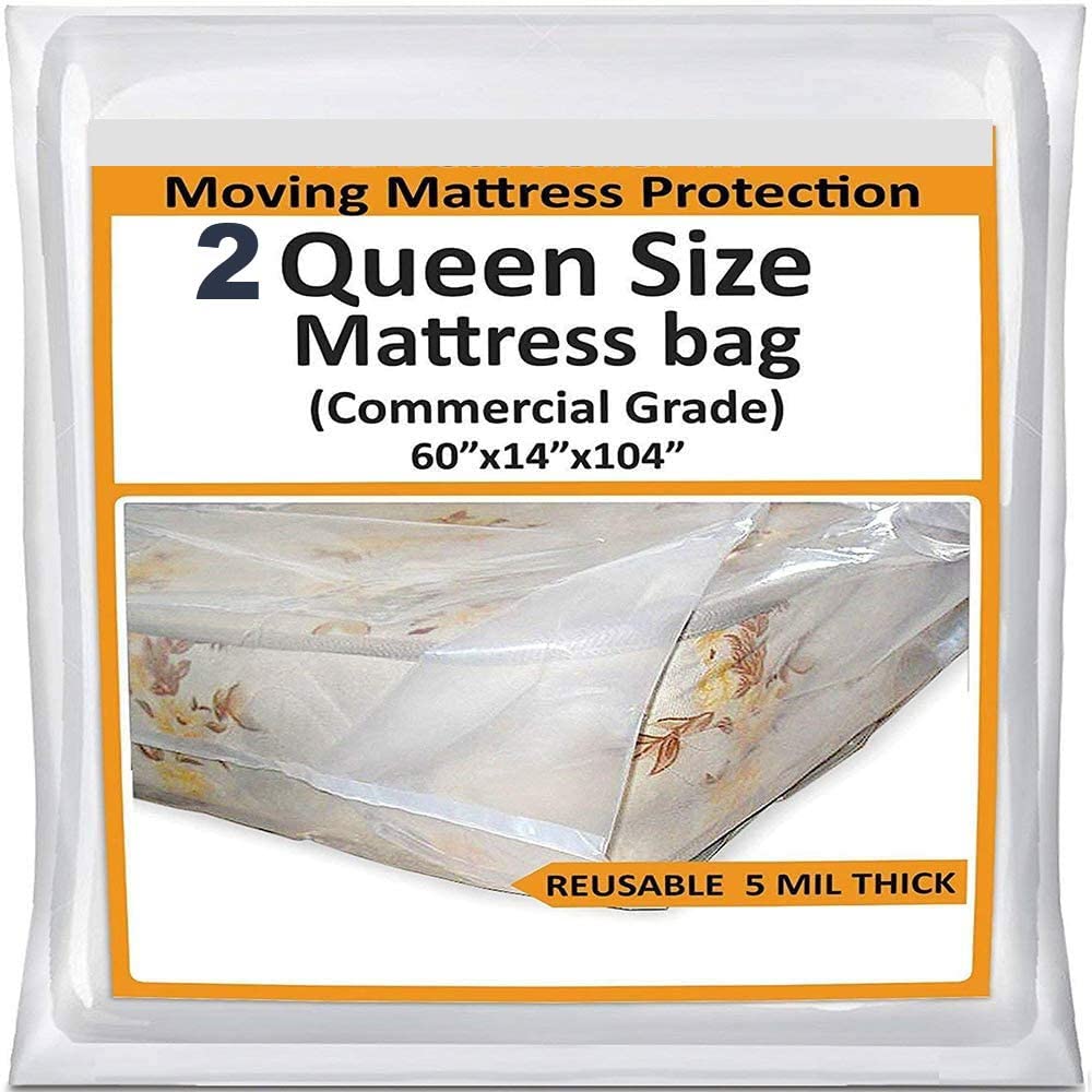 2 Pack Heavy Duty 5 Mil Queen Mattress Covers for Moving & Storage - Reusable Plastic Bed Mattress Protector - Perfect for Home Relocation, Long-Term Storage & Travel