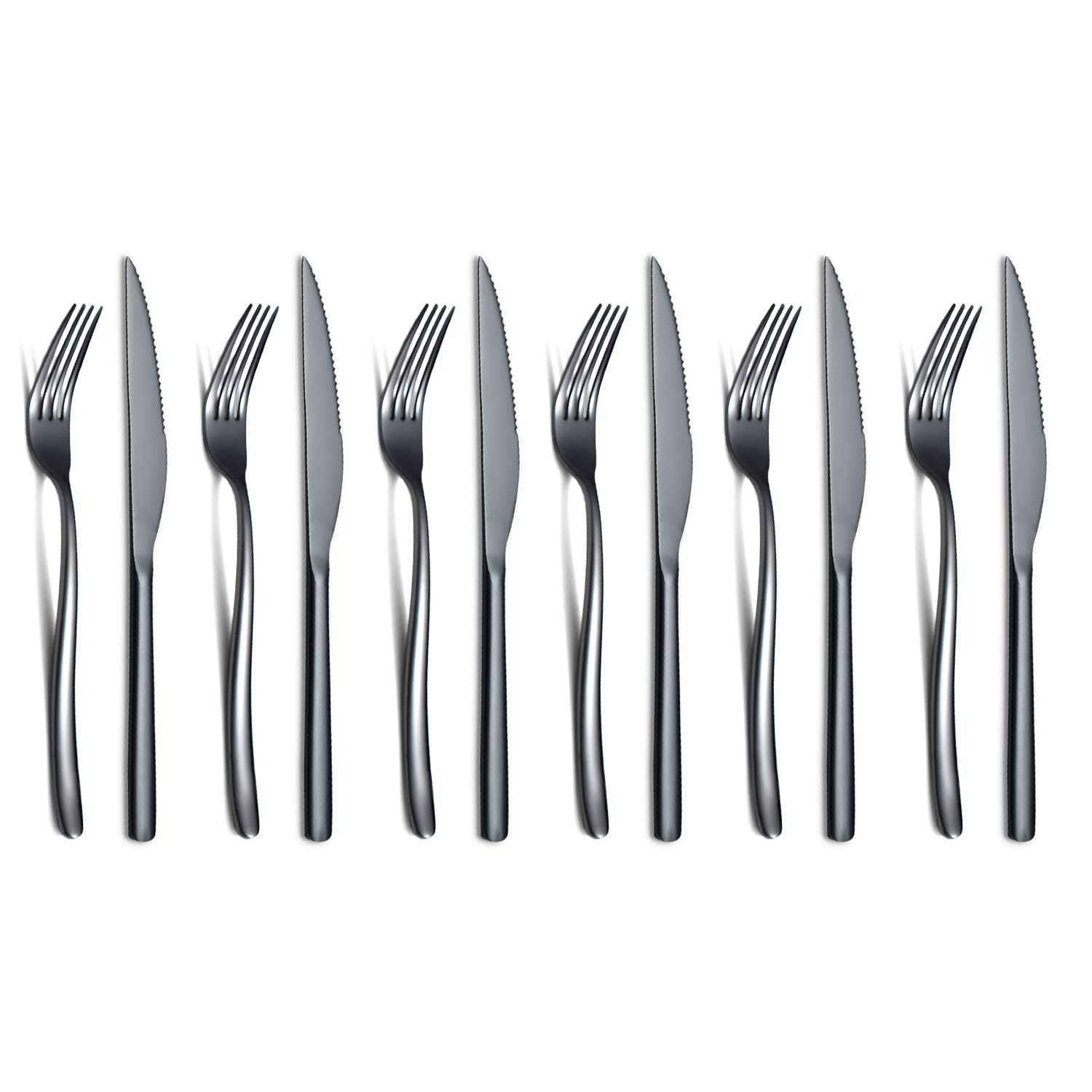 Premium 12-Piece Black Steak Knives Set - 6 Stainless Steel Steak Knives & 6 Dinner Forks for 6 People | Dishwasher Safe, Rust-Resistant | Perfect for Steak Dinners, BBQs, and Fine Dining (Shiny Black)