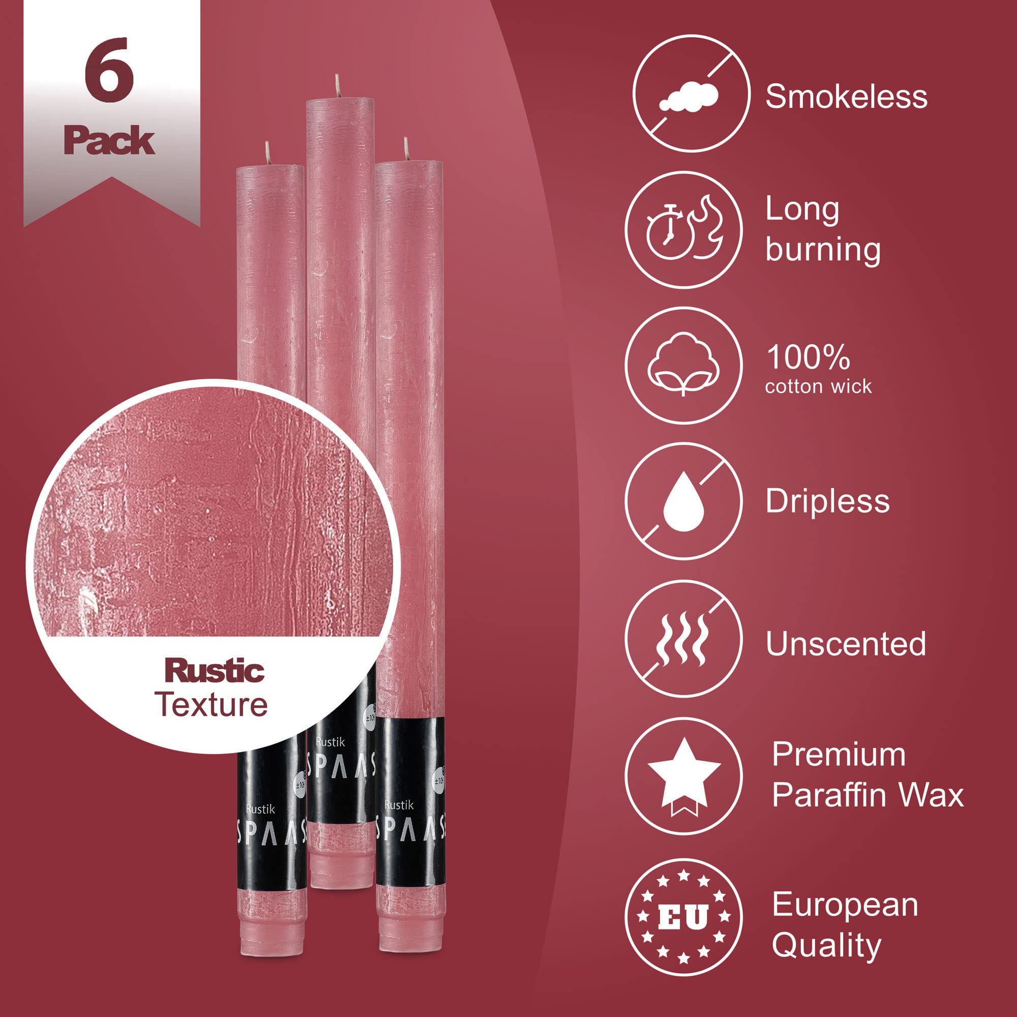 SPAAS Rustic Rose Blush Candles - Set of 6 Unscented 10-Inch Tall Dripless Light Pink Candles for Home Decor, Weddings, Parties & Holidays | Long-Lasting Decorative Table Candles for Romantic Dinners, Centerpieces & Cozy Ambiance
