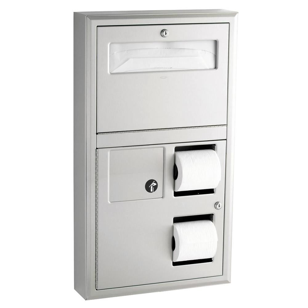Bobrick B3579 ClassicSeries Recessed Seat Cover & Toilet Paper Dispenser with Sanitary Disposal - Satin Finish | Ideal for Commercial Restrooms, Hospitals, and Public Washrooms