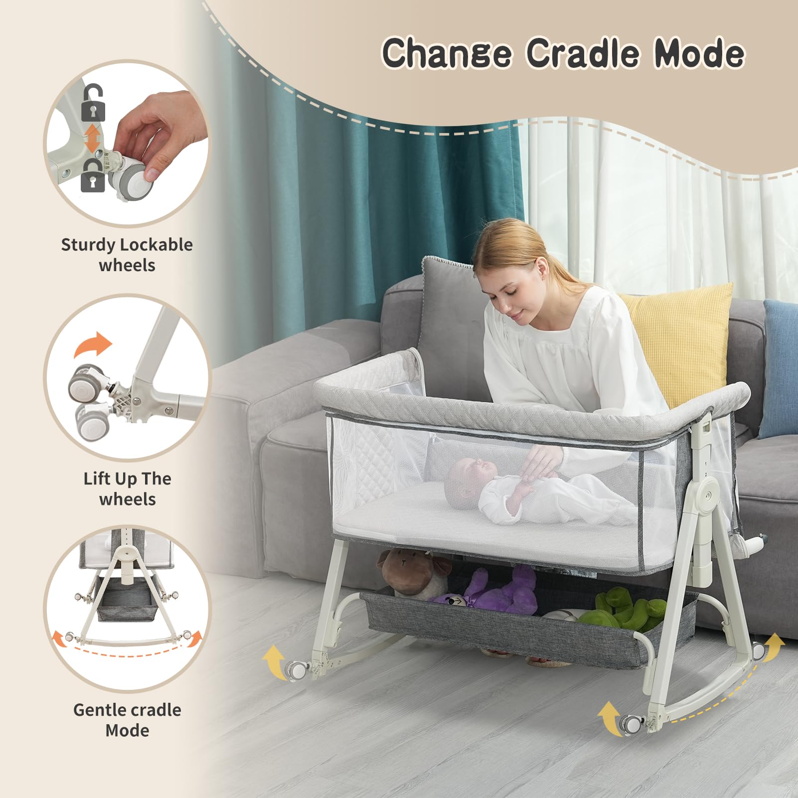 Portable Baby Bassinet Bedside Sleeper with Wheels & Storage Basket - 6 Height Adjustable, Breathable Mesh, Easy Assembly Crib for Newborns & Infants (Grey) | Perfect for Nursery, Bedroom & Travel Use